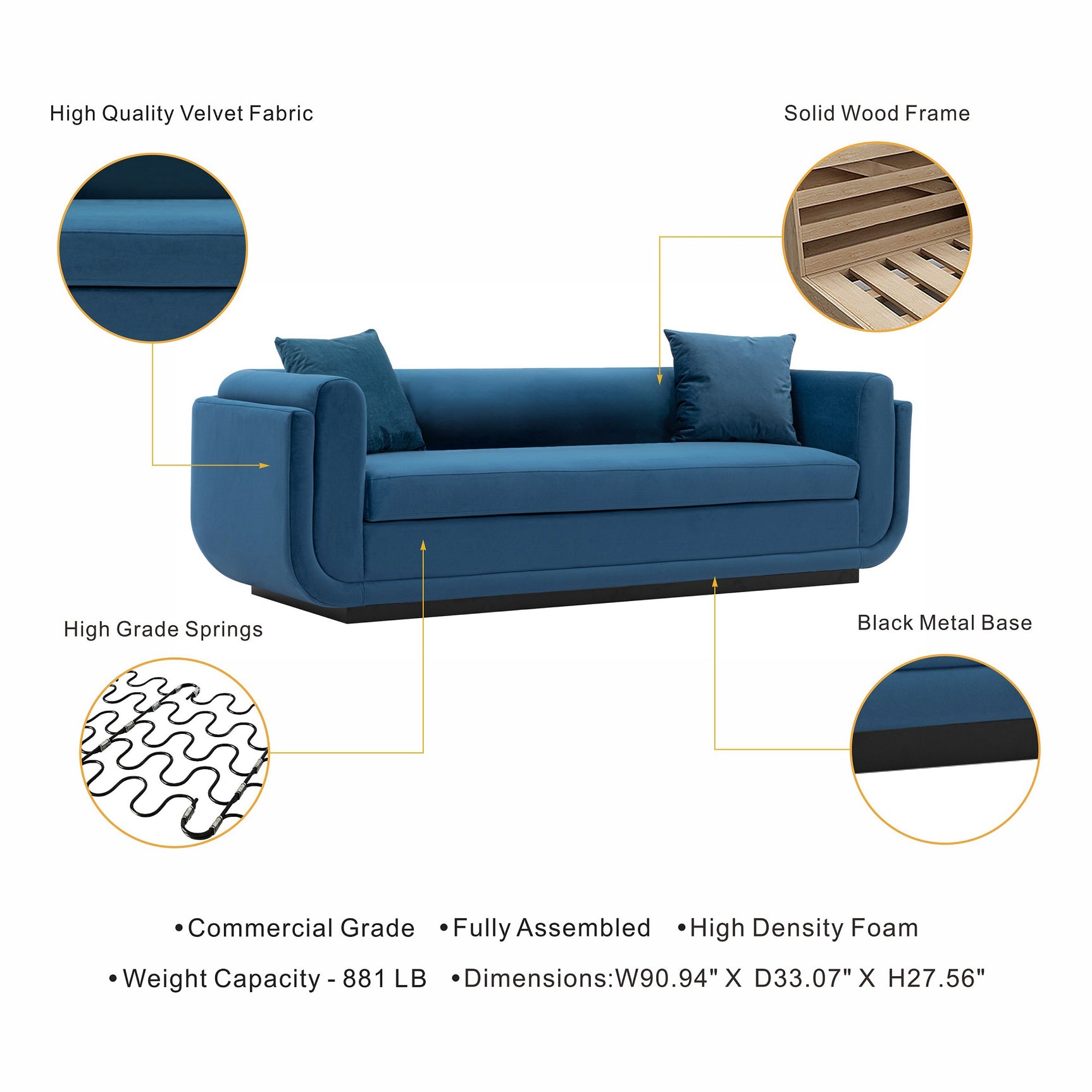 Edmonda Sofa in Sapphire Blue - Ornate Home