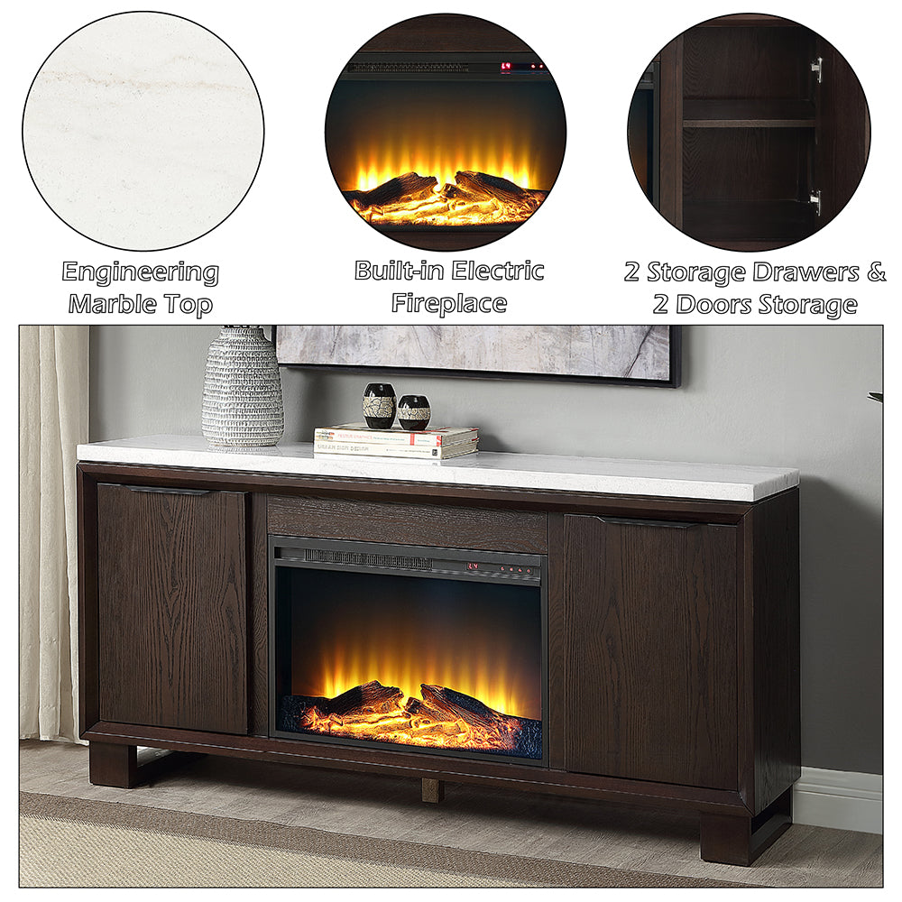 Edwyn Natural Marble Top/Espresso Server w/Natural Marble Top & Fireplace - Ornate Home