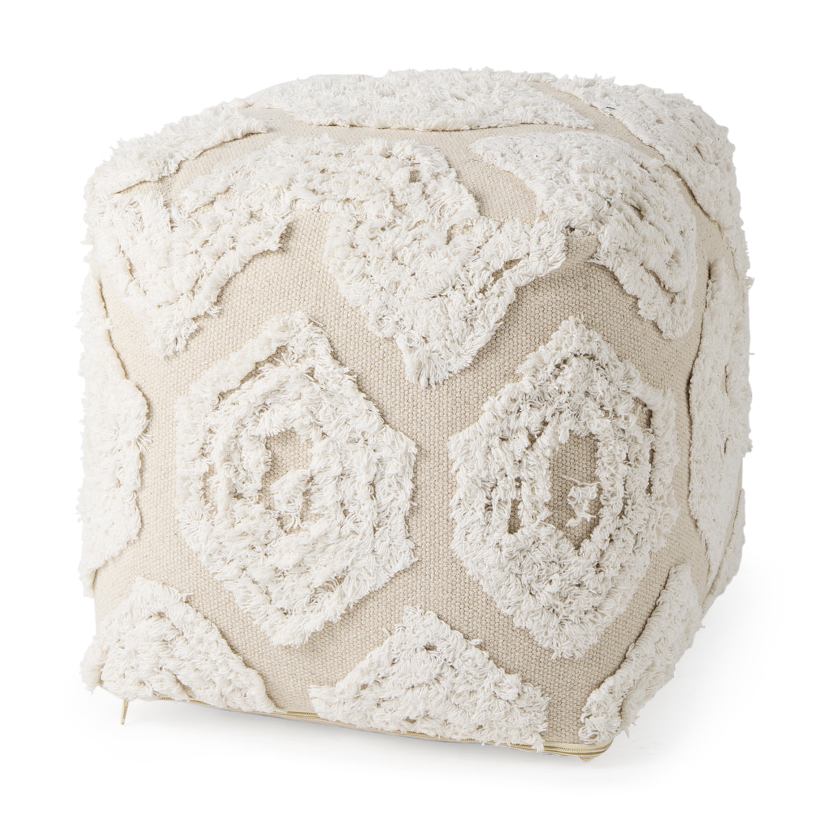 Ekanta Cream/Beige Patterned Cotton Pouf - Ornate Home
