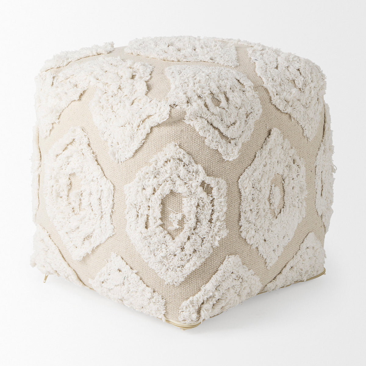 Ekanta Cream/Beige Patterned Cotton Pouf - Ornate Home