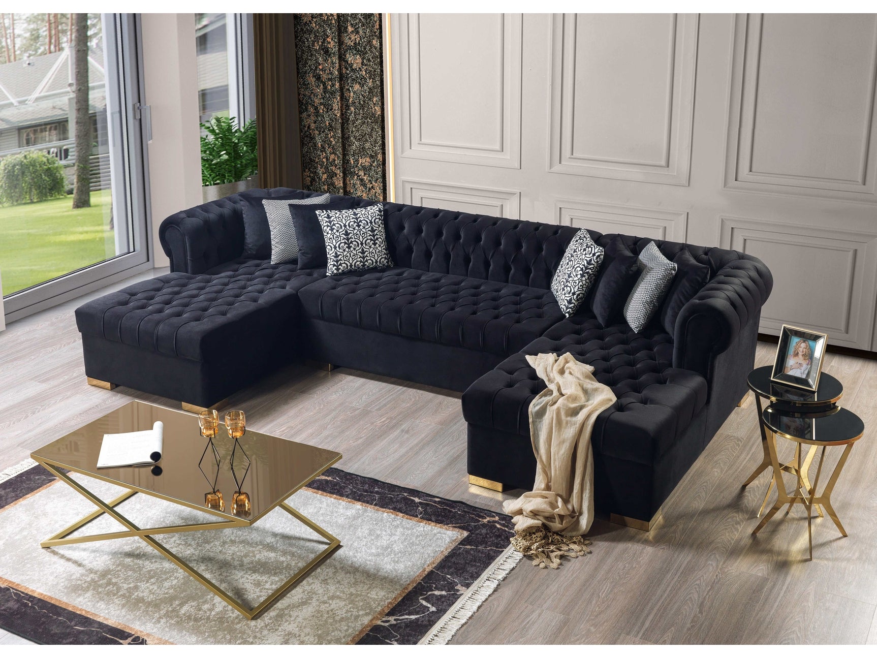 Eleanor Black Velvet Double Chaise Sectional Sofa - Ornate Home