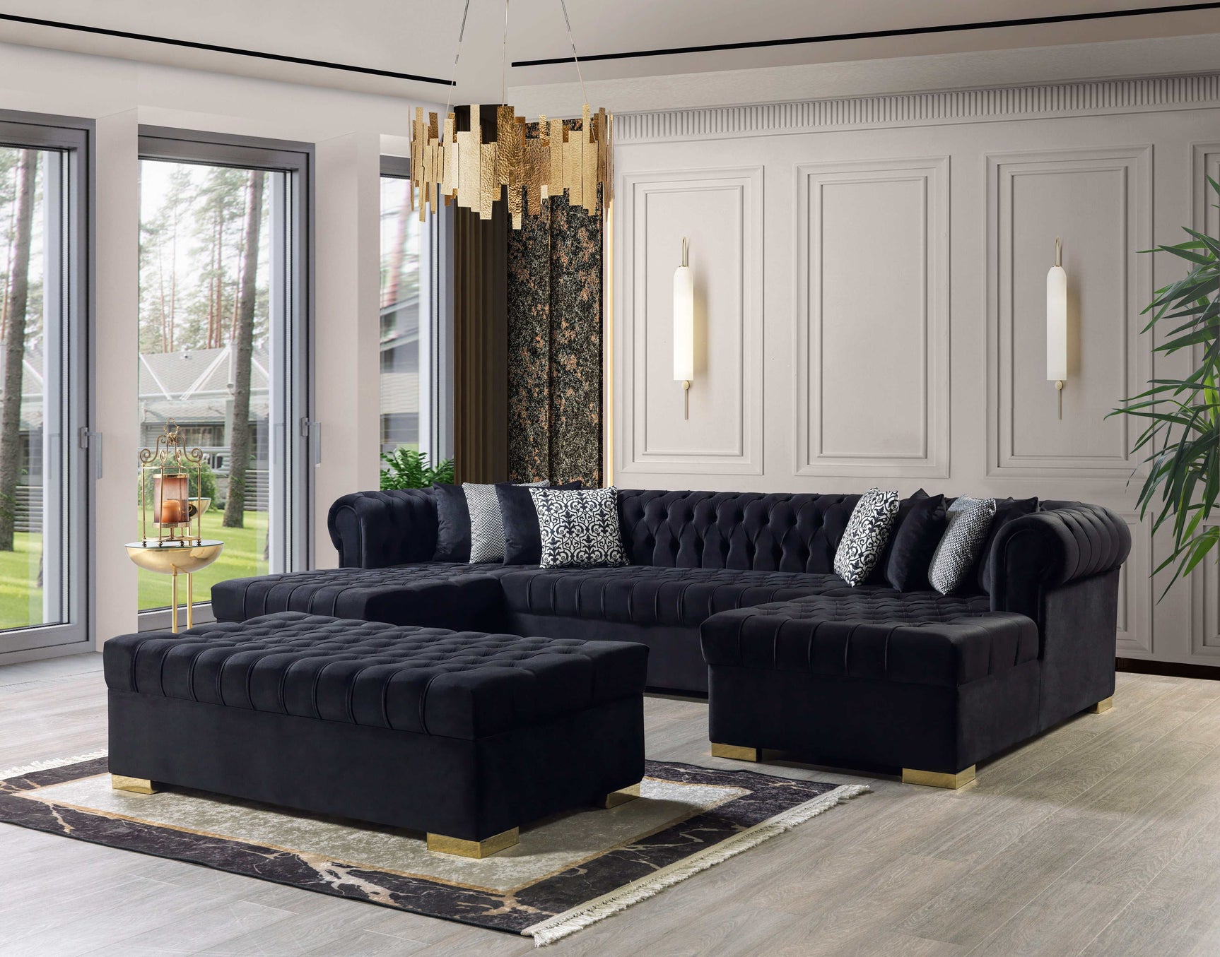Eleanor Black Velvet Double Chaise Sectional Sofa - Ornate Home