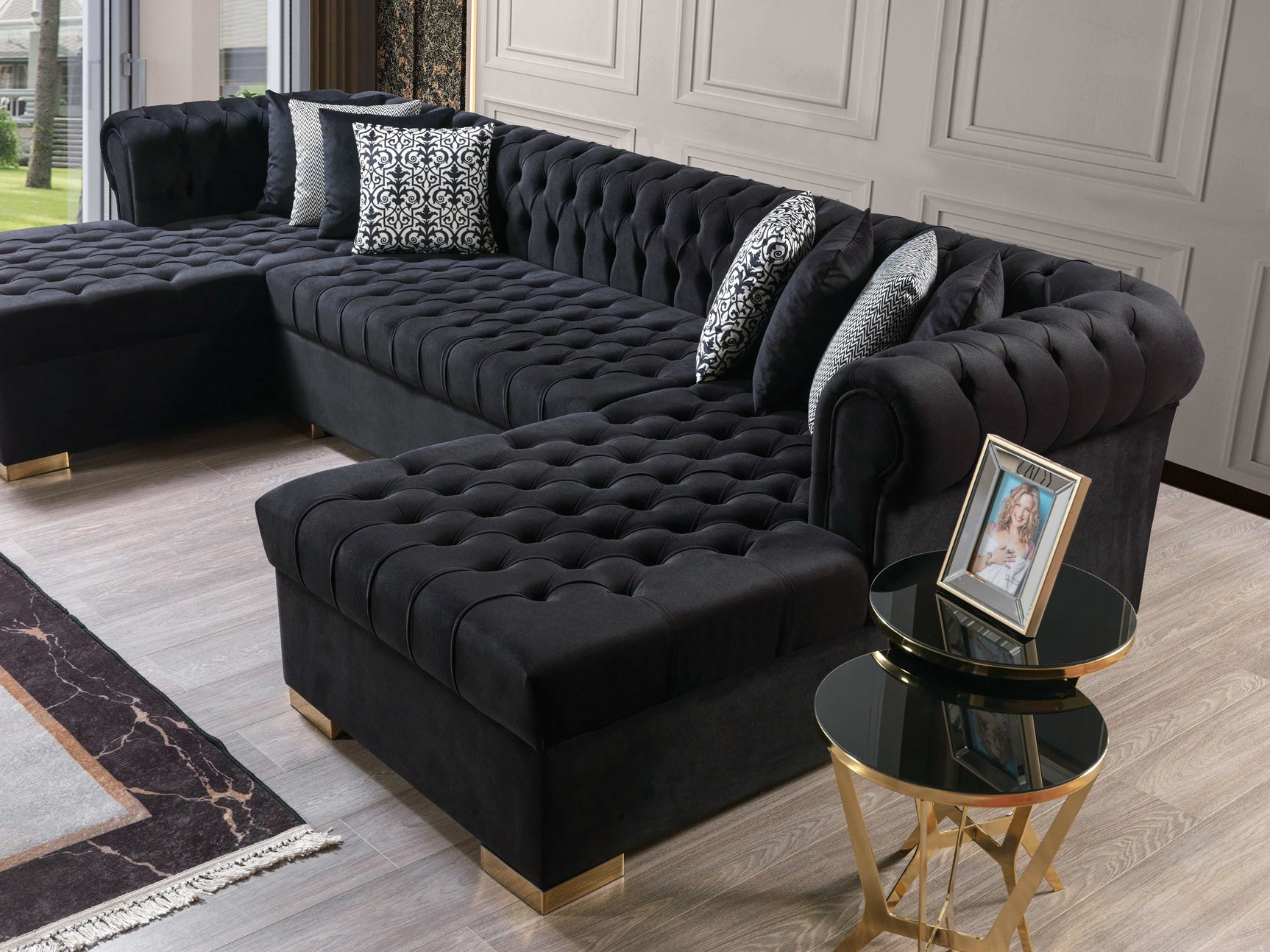Eleanor Black Velvet Double Chaise Sectional Sofa - Ornate Home