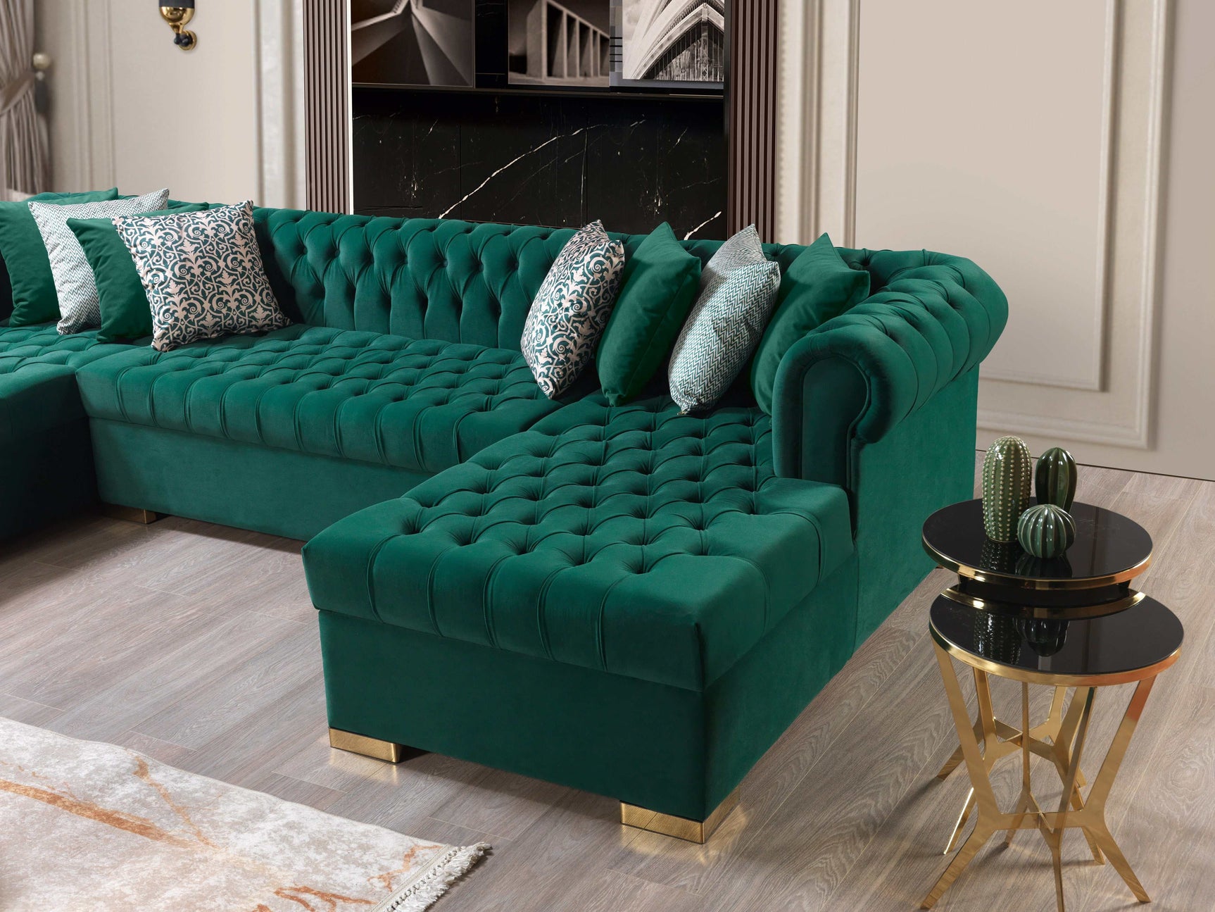 Eleanor Green Velvet Double Chaise Sectional Sofa - Ornate Home