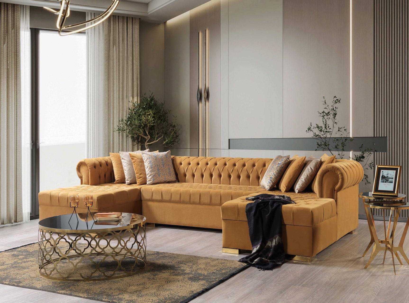Eleanor Mustard/Gold Velvet Double Chaise Sectional Sofa - Ornate Home
