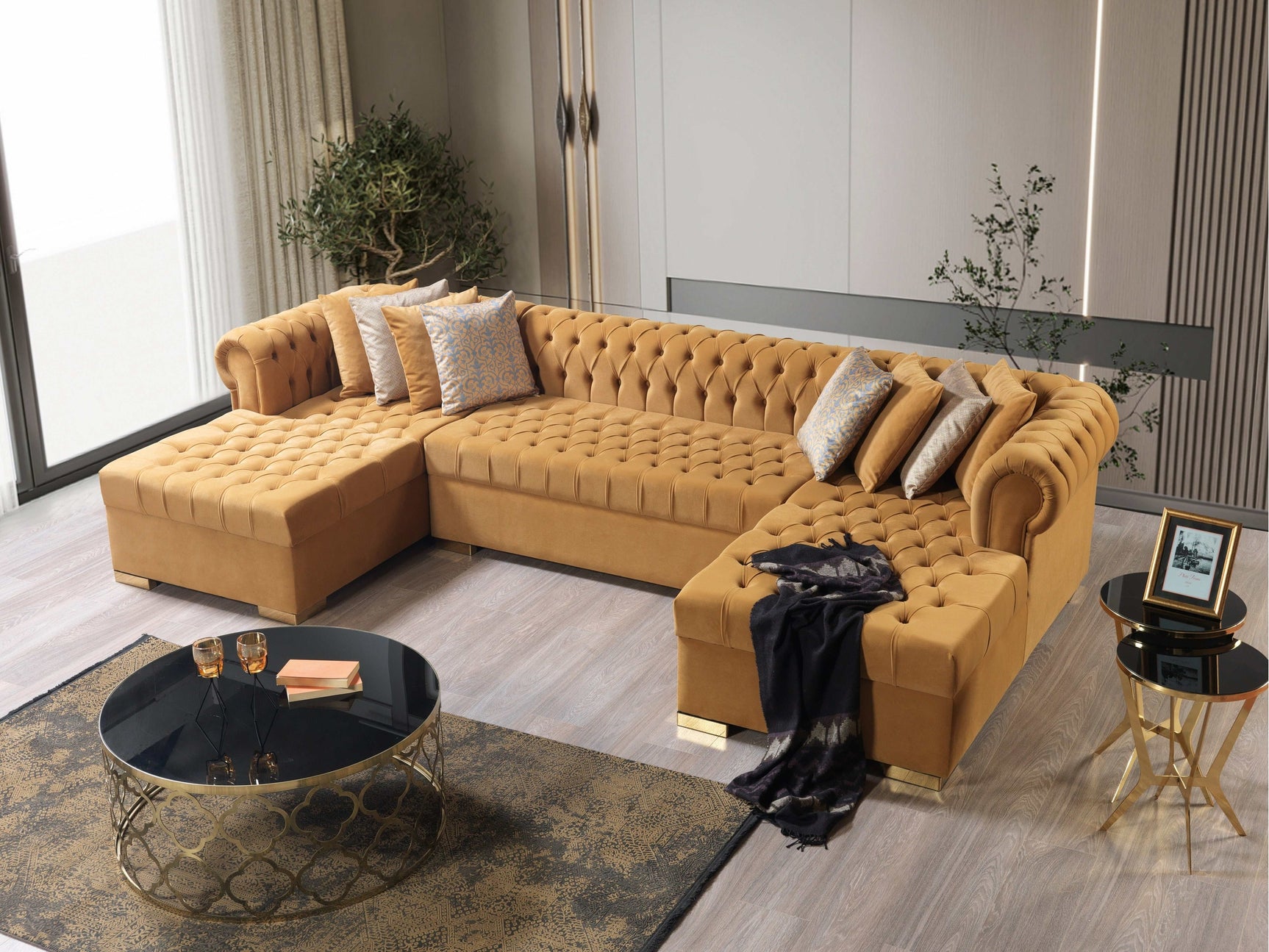 Eleanor Mustard/Gold Velvet Double Chaise Sectional Sofa - Ornate Home