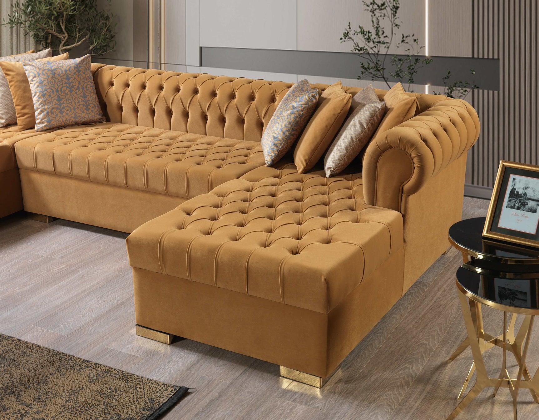 Eleanor Mustard/Gold Velvet Double Chaise Sectional Sofa - Ornate Home
