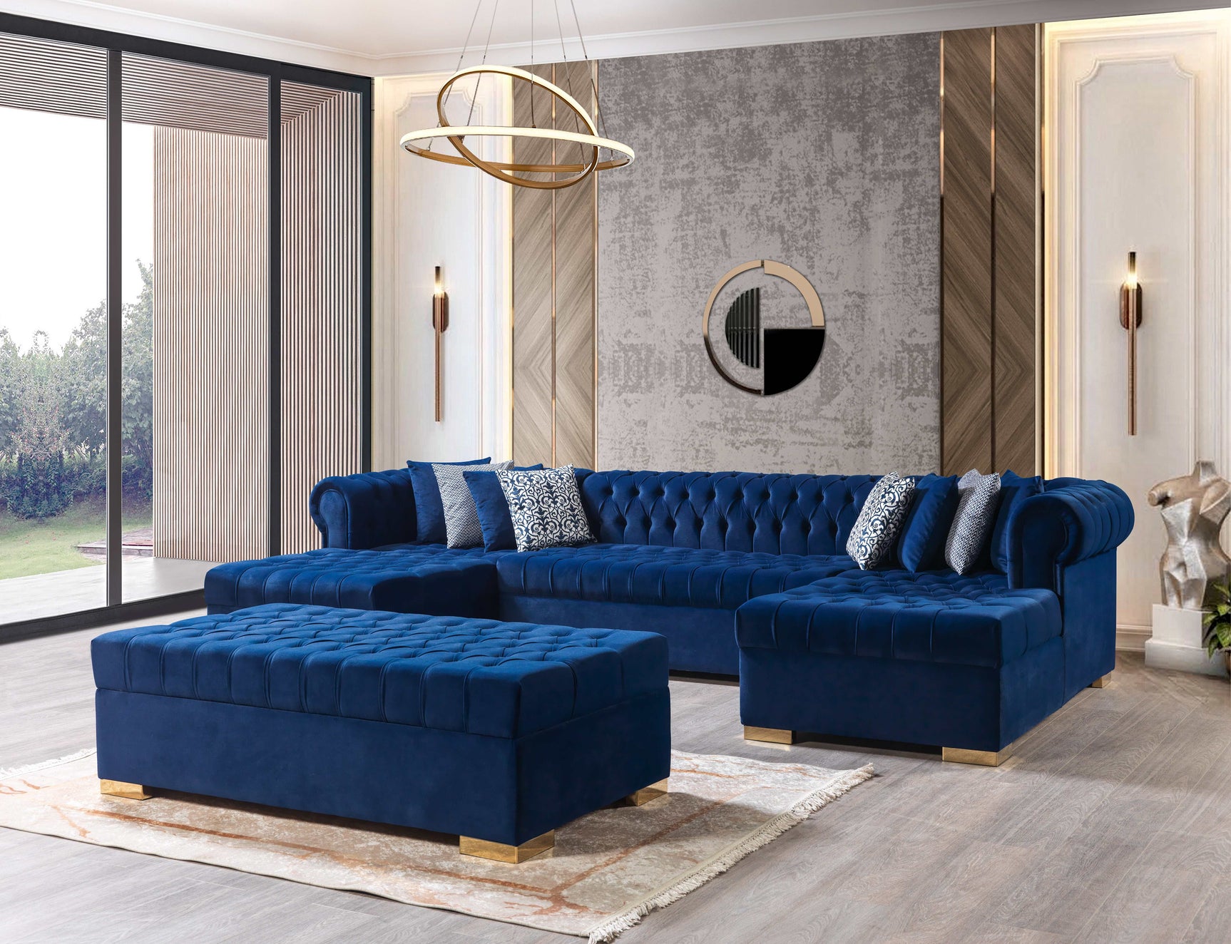Eleanor Navy Velvet Double Chaise Sectional Sofa - Ornate Home