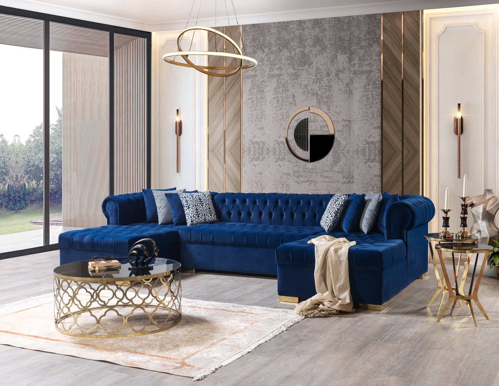 Eleanor Navy Velvet Double Chaise Sectional Sofa - Ornate Home