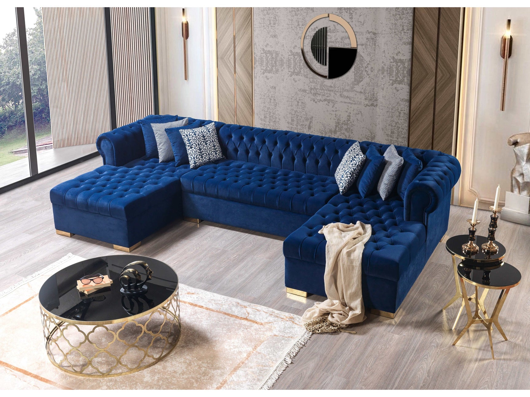 Eleanor Navy Velvet Double Chaise Sectional Sofa - Ornate Home