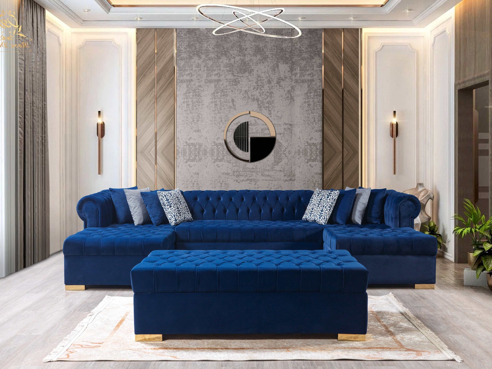 Eleanor Navy Velvet Double Chaise Sectional Sofa - Ornate Home