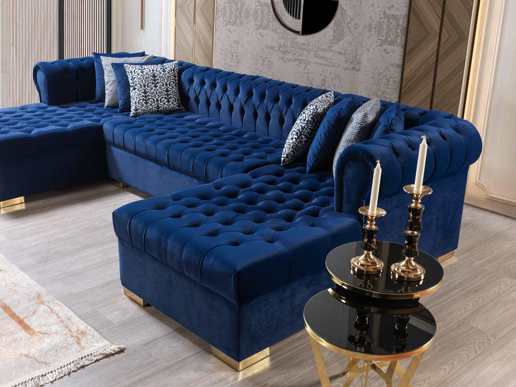 Eleanor Navy Velvet Double Chaise Sectional Sofa - Ornate Home