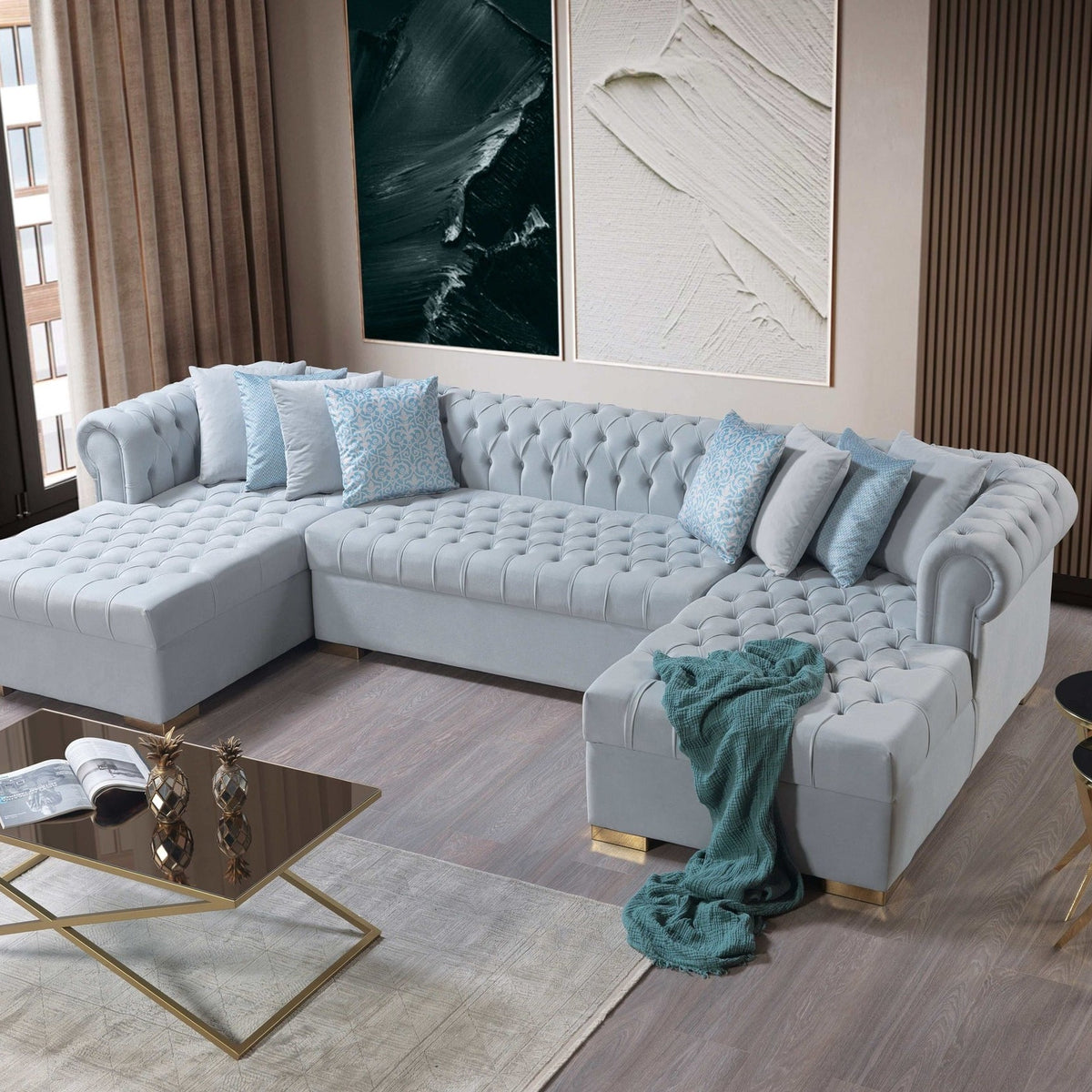 Vavenza Eleanor Pearl White Velvet Double Chaise Sectional Sofa ...