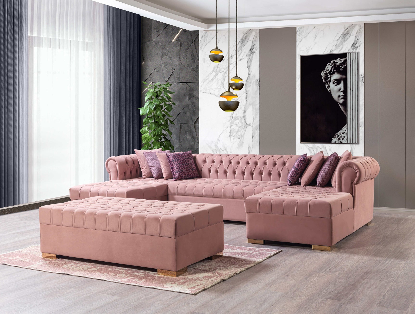 Eleanor Pink Velvet Double Chaise Sectional Sofa - Ornate Home
