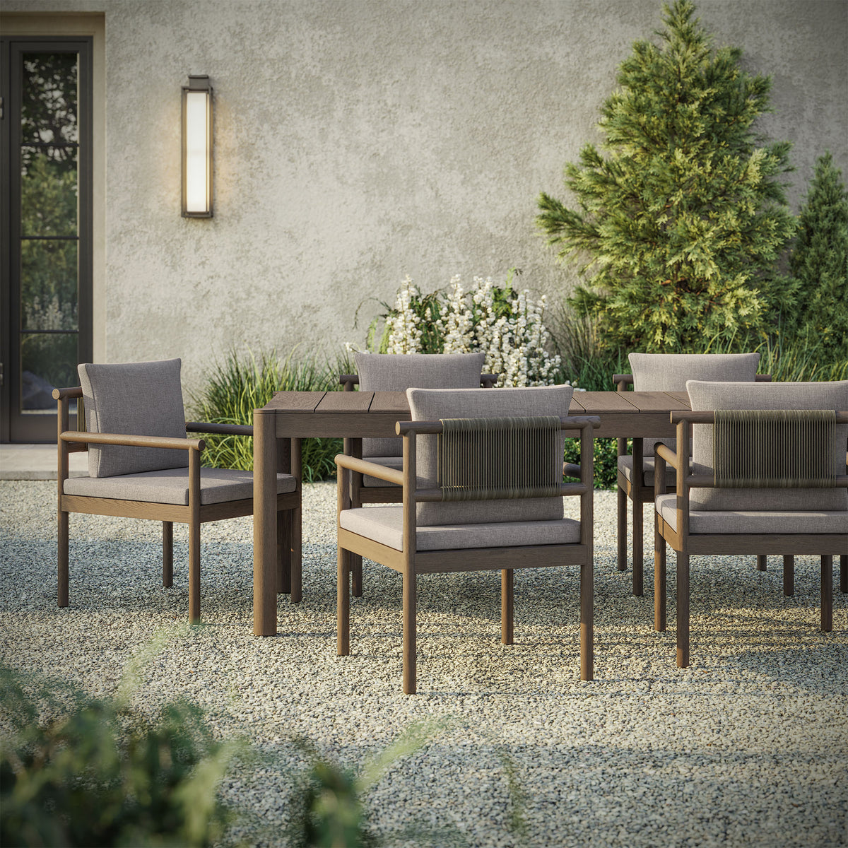 Eleni Weathered Gray/Pebble 7 Piece Outdoor Patio Teak Wood Dining Set - Ornate Home