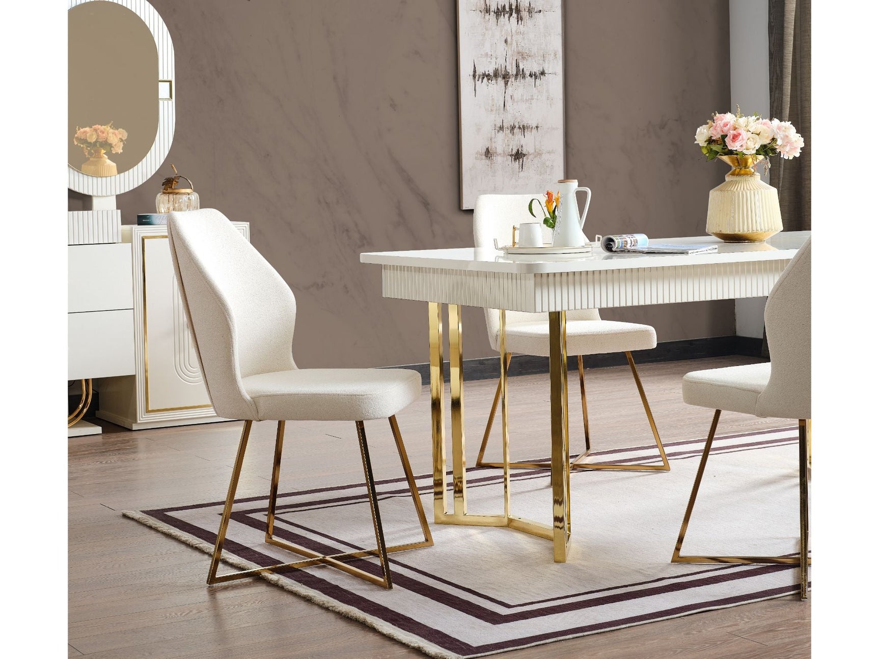Marsel Cream Dining Room Set (Consol With Mirror & Dining Table & 6 Dining Chair)