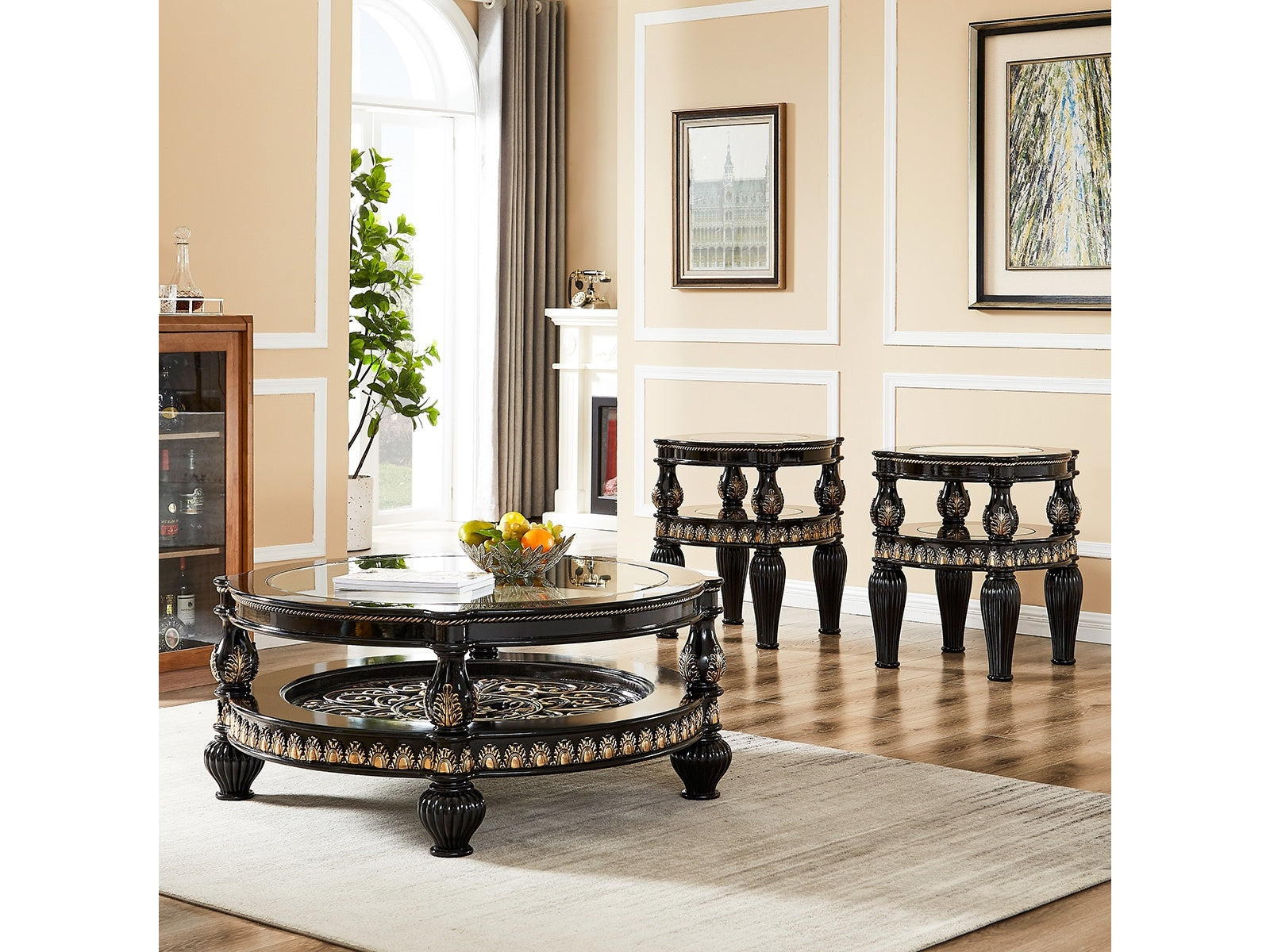 Elizabeth Black Enamel 3pc Coffee Table Set / HD-1208 - Ornate Home