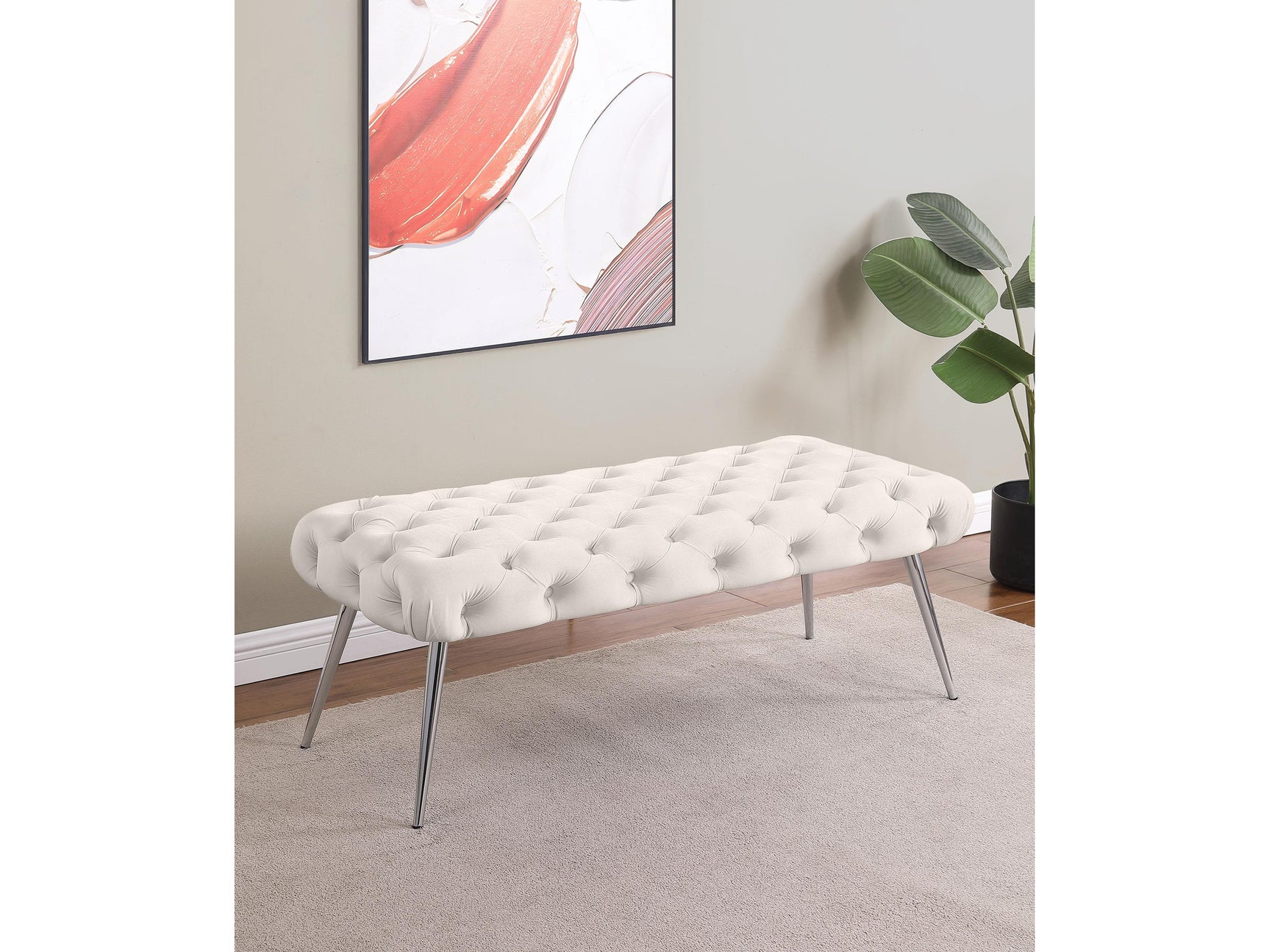 Ella Ivory Upholstered Tufted Bench Stainless Steel Legs - Ornate Home