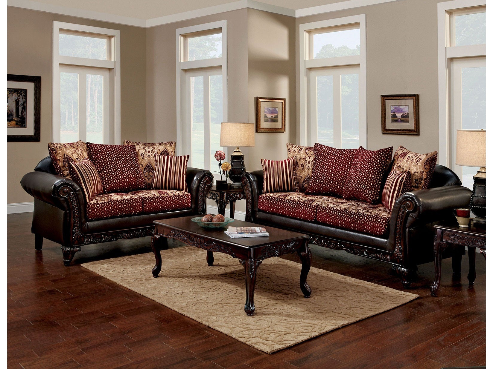 Ellis Burgundy/Brown/Dark Cherry Sofa & Loveseat - Ornate Home