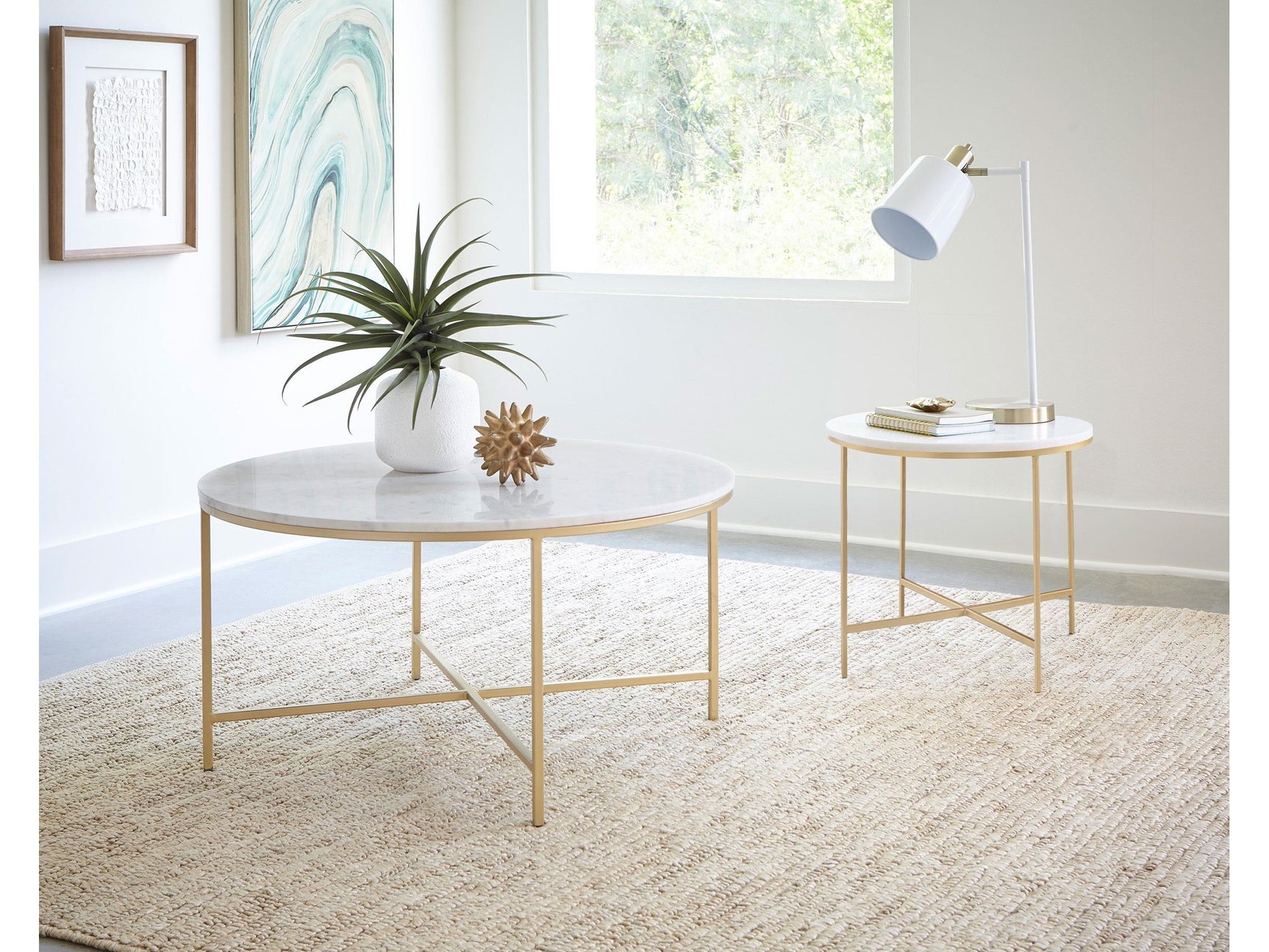 Ellison White 2-piece Round Marble Coffee and End Table Set - Ornate Home