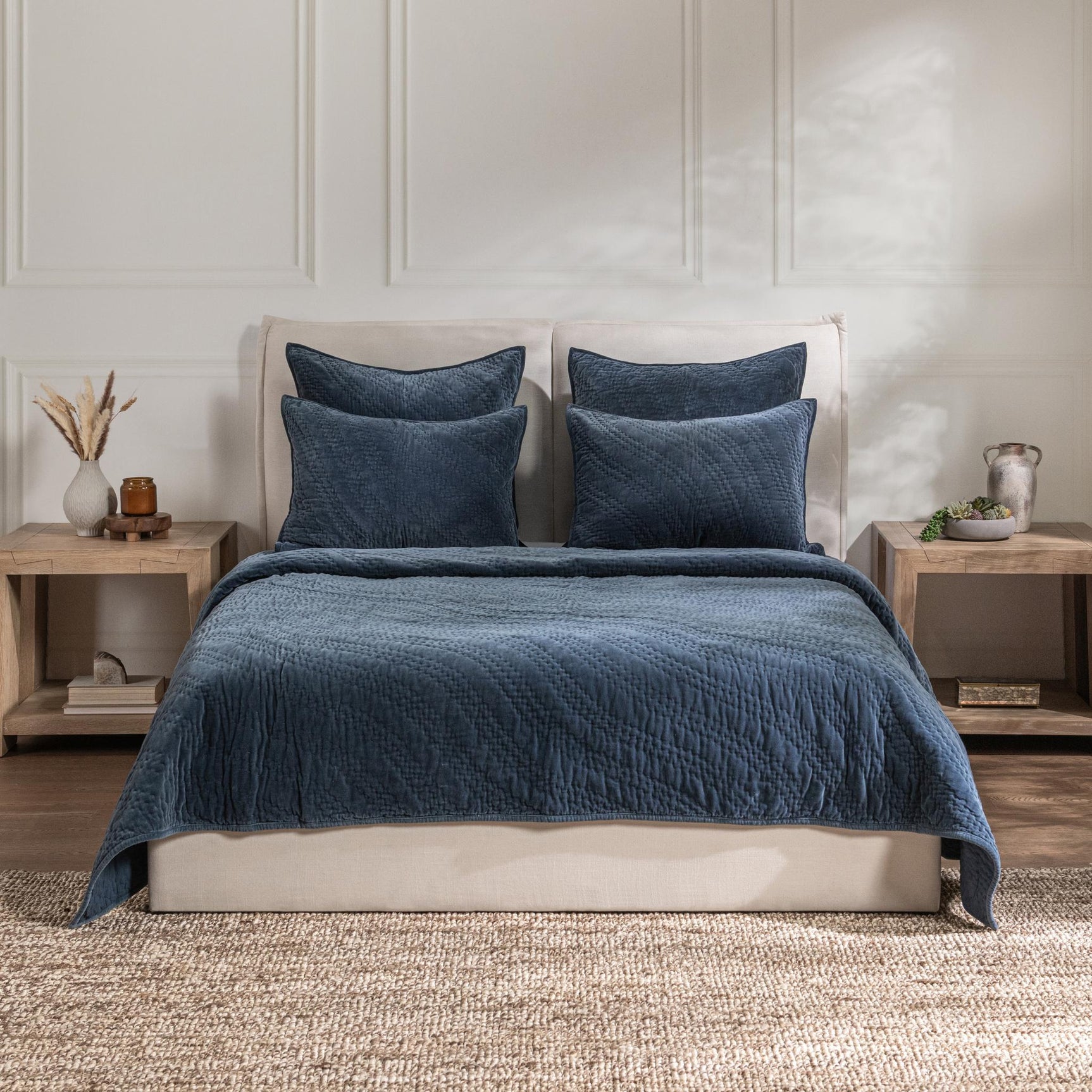 Elms Crisp Blue Velvet Quilt Collection - Ornate Home