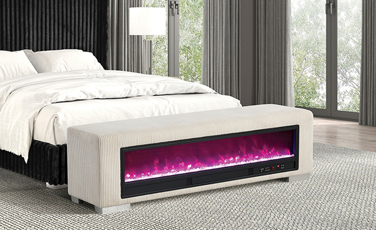 Elnath Beige Bench w/ Visual Crystal Fireplace - Ornate Home