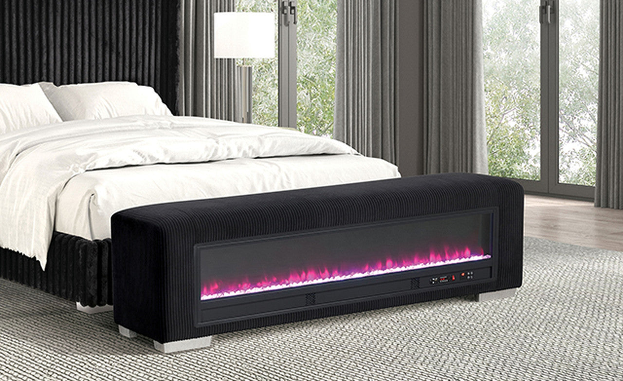 Elnath Black Bench w/ Visual Crystal Fireplace - Ornate Home