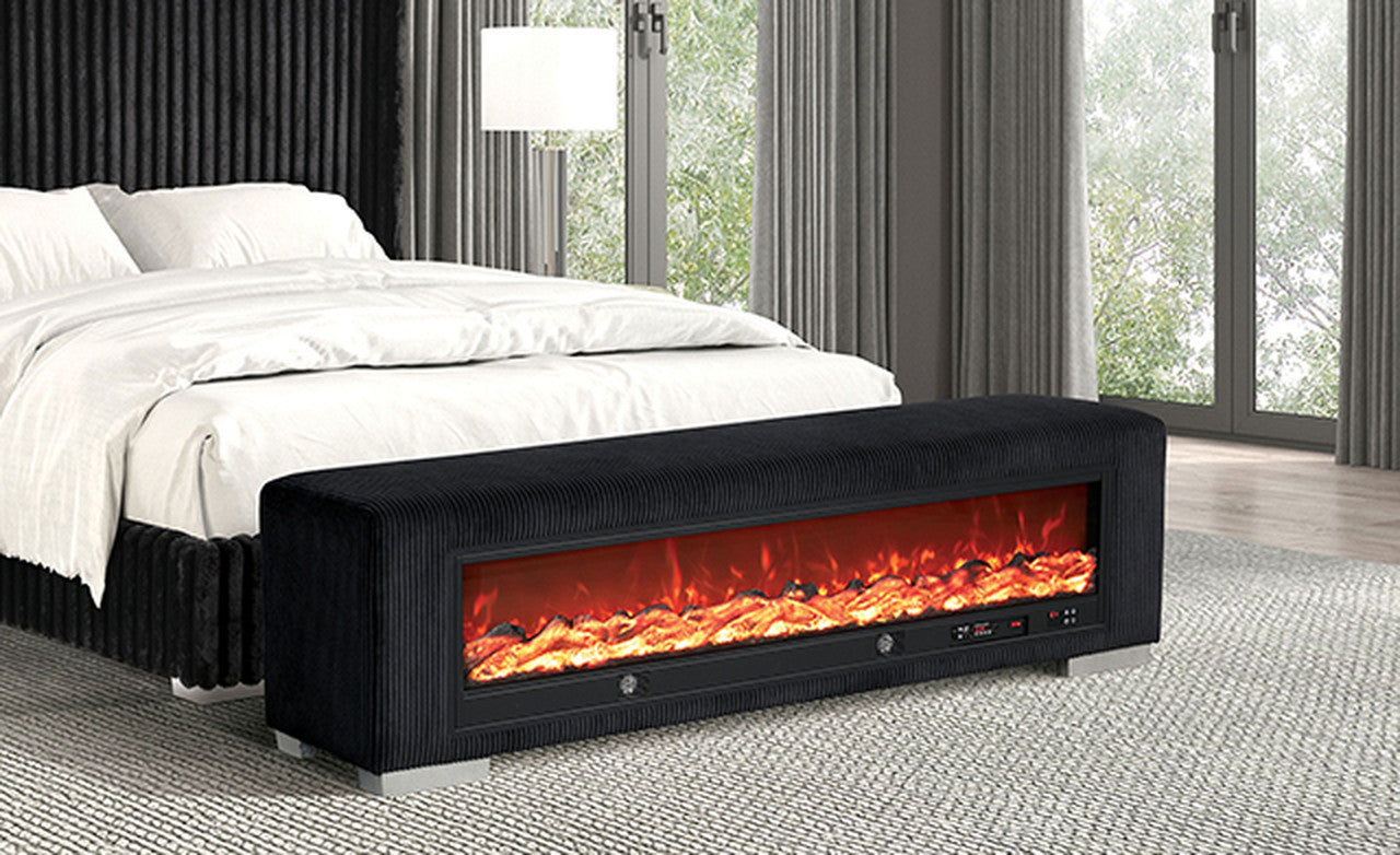 Elnath Black Bench w/ Visual Wood Log Fireplace - Ornate Home