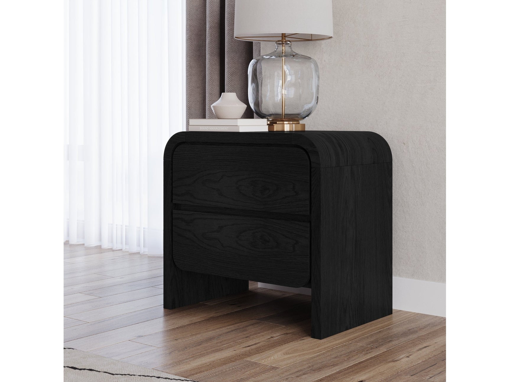 Elora Two Drawer Nightstand in Jet Black Ash - Ornate Home