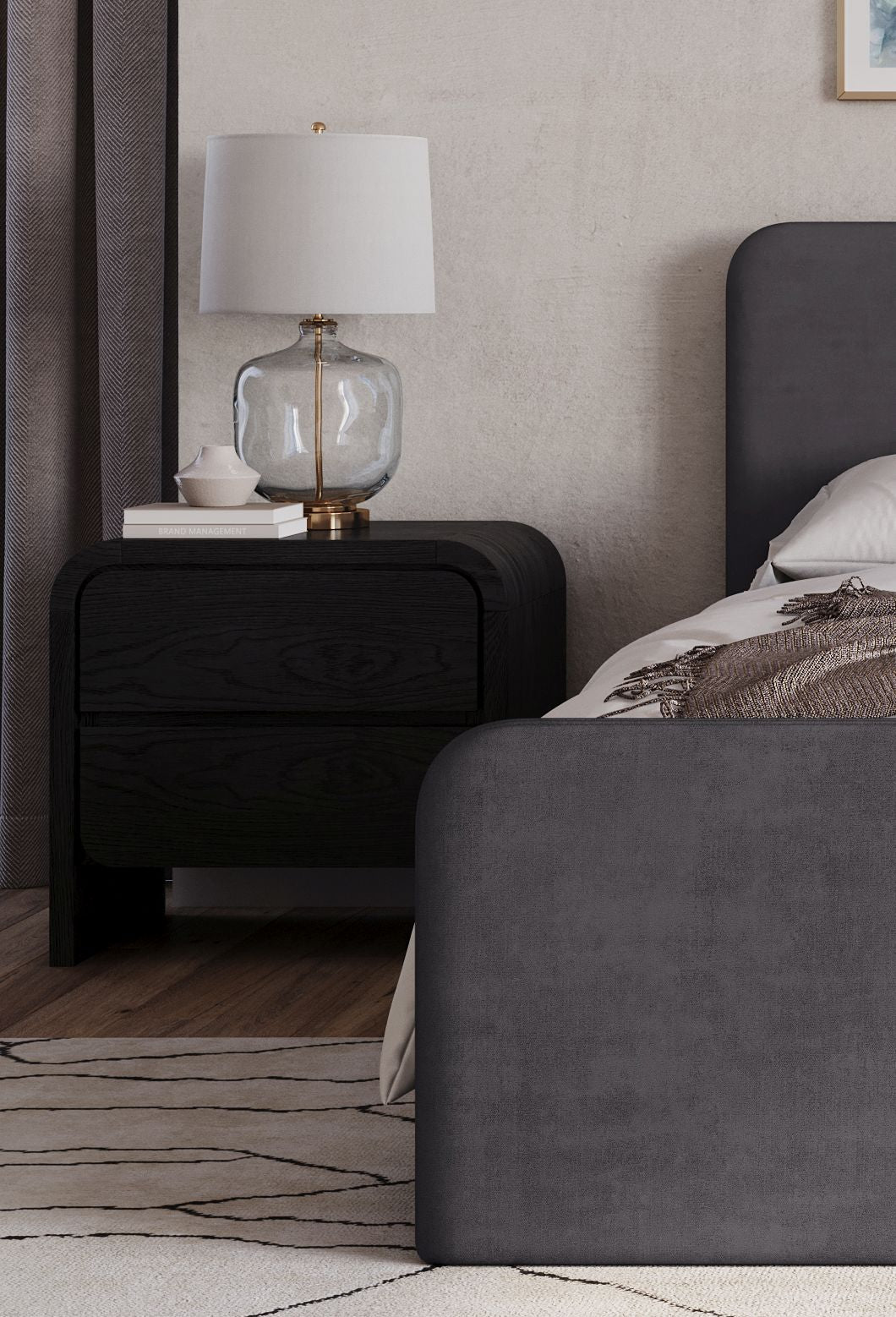 Elora Two Drawer Nightstand in Jet Black Ash - Ornate Home