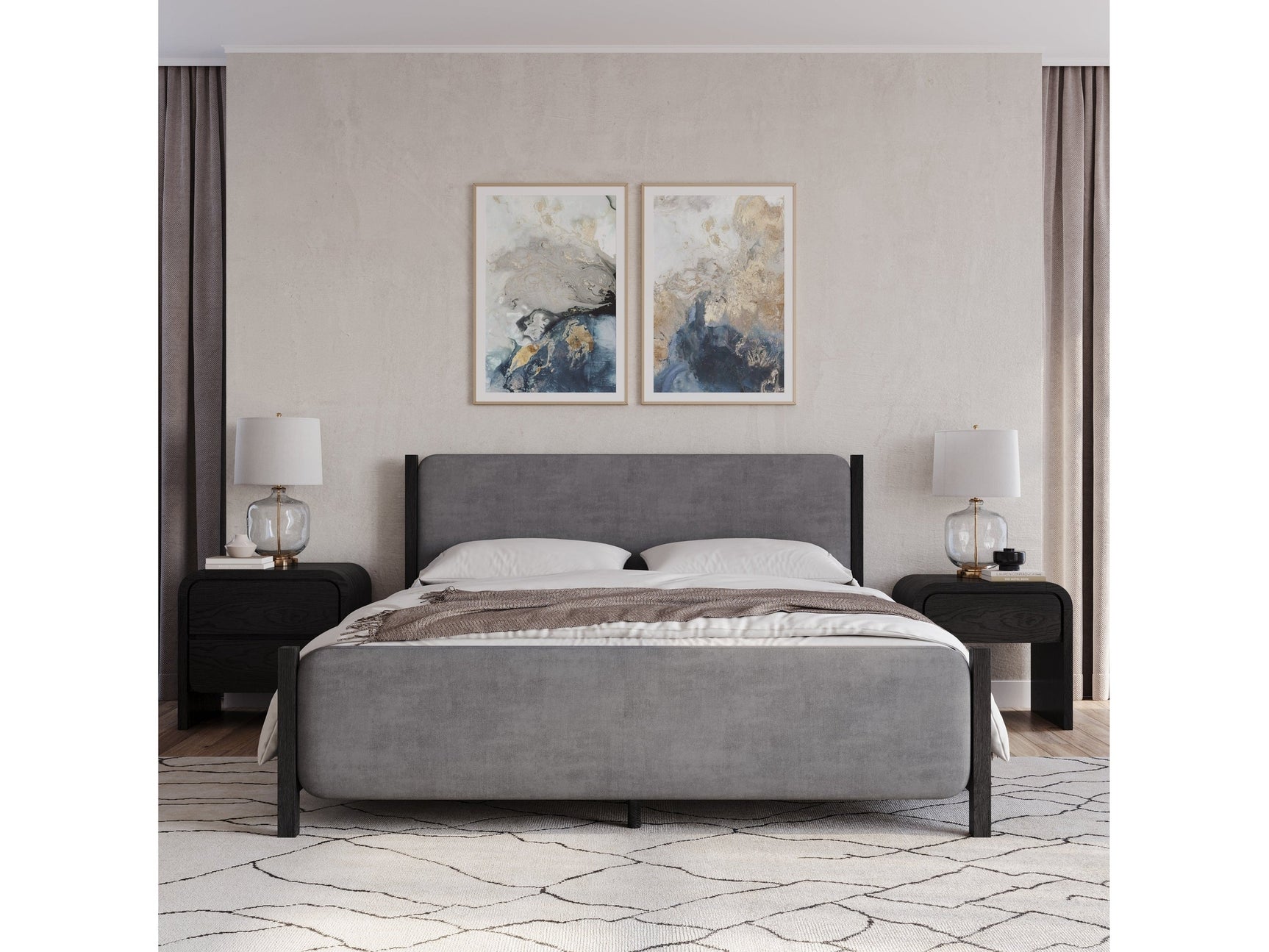 Elora Wood and Velvet Eastern King Upholstered Bed in Jet and Charcoal - Ornate Home