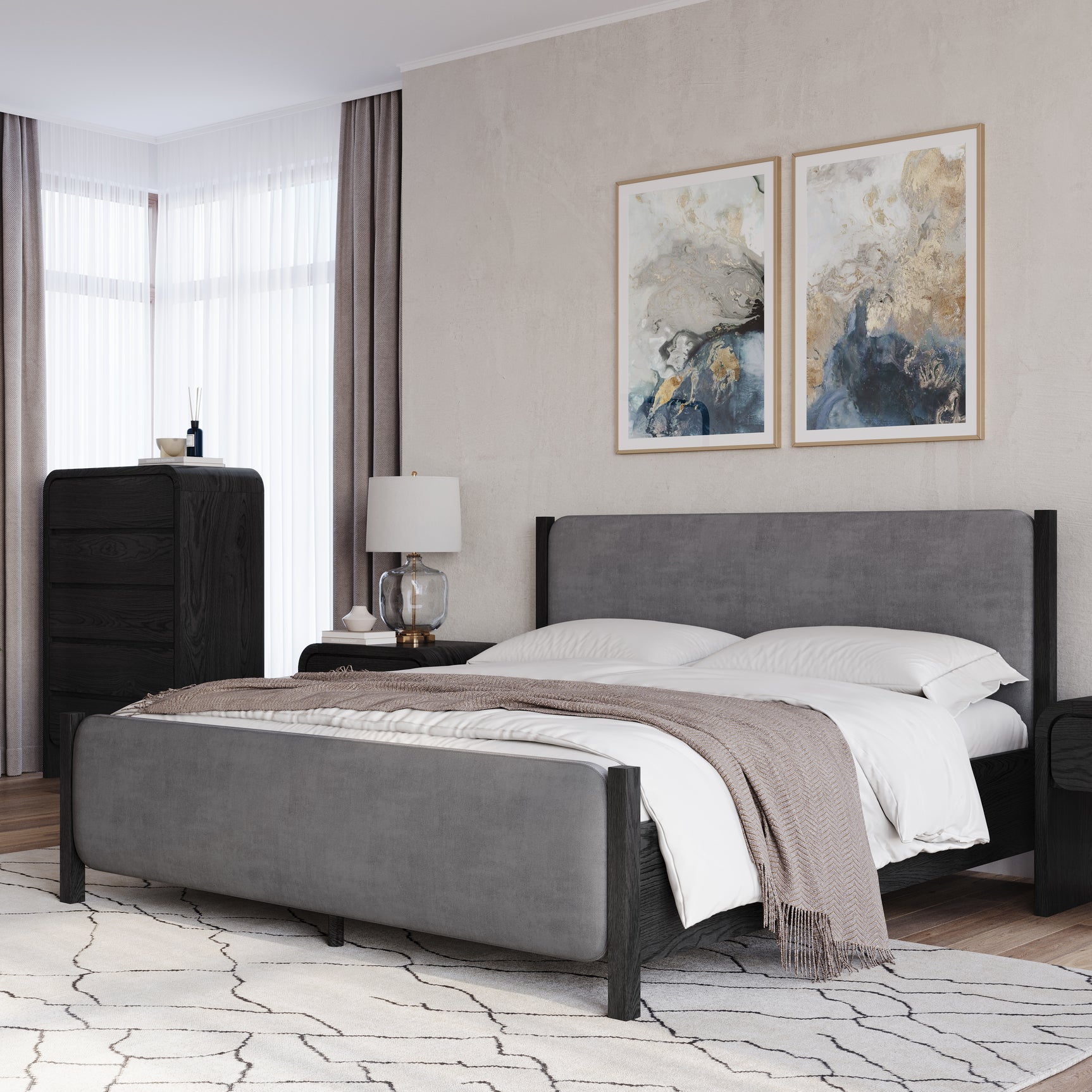 Elora Wood and Velvet Full Upholstered Bed in Jet and Charcoal - Ornate Home