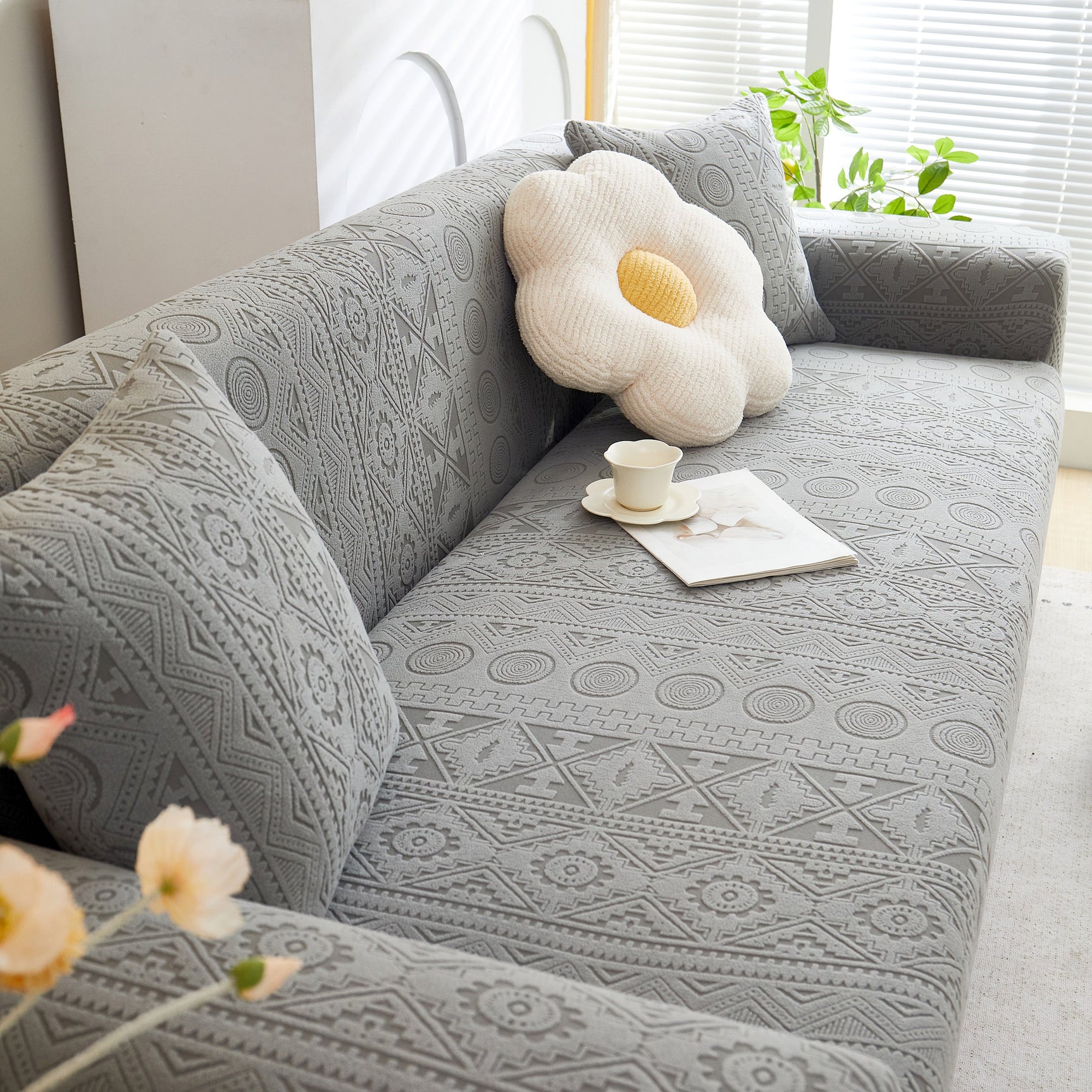 Embossed Geometric Elastic Sofa Cover Boho Stylish Decorative Furniture Covers - Ornate Home