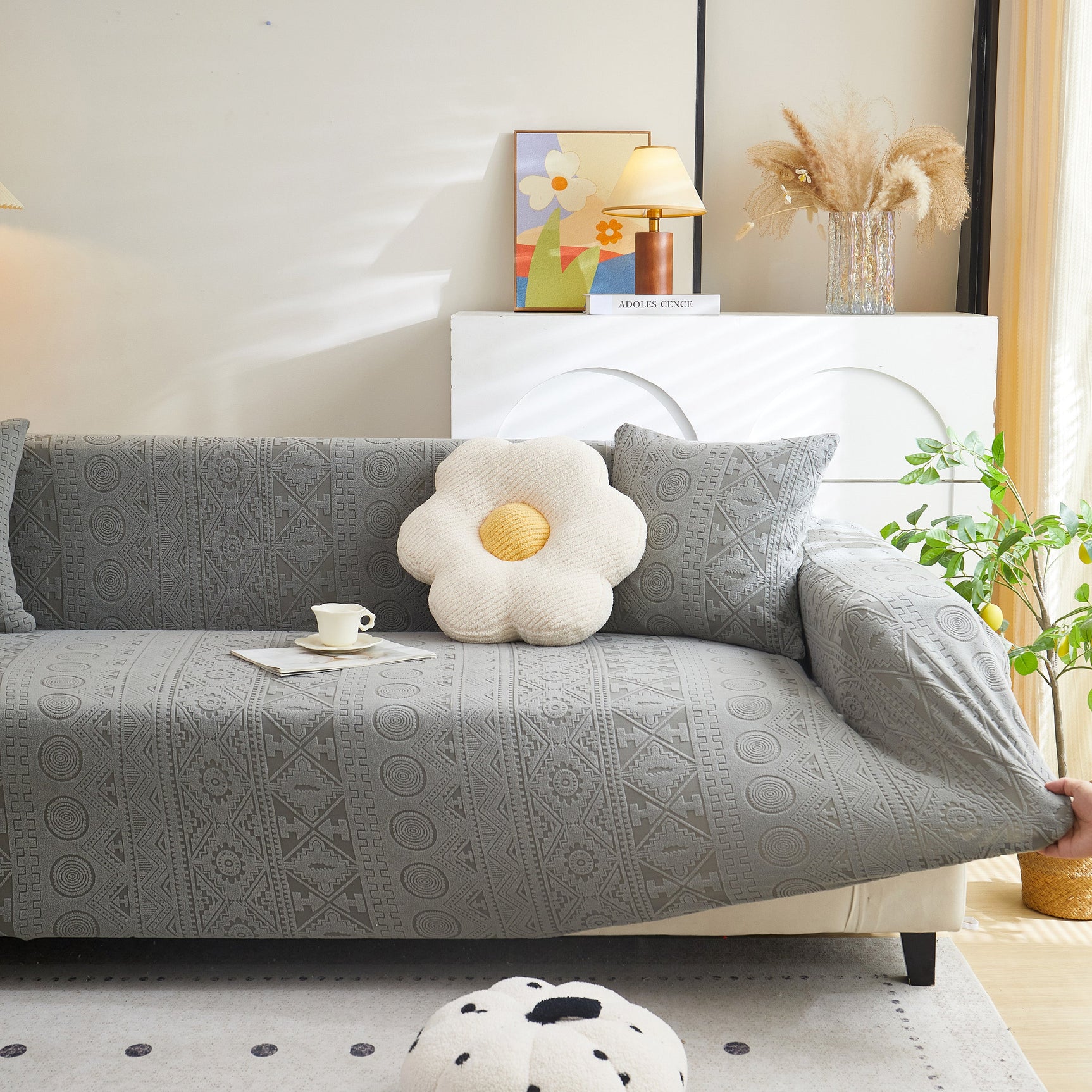 Embossed Geometric Elastic Sofa Cover Boho Stylish Decorative Furniture Covers - Ornate Home