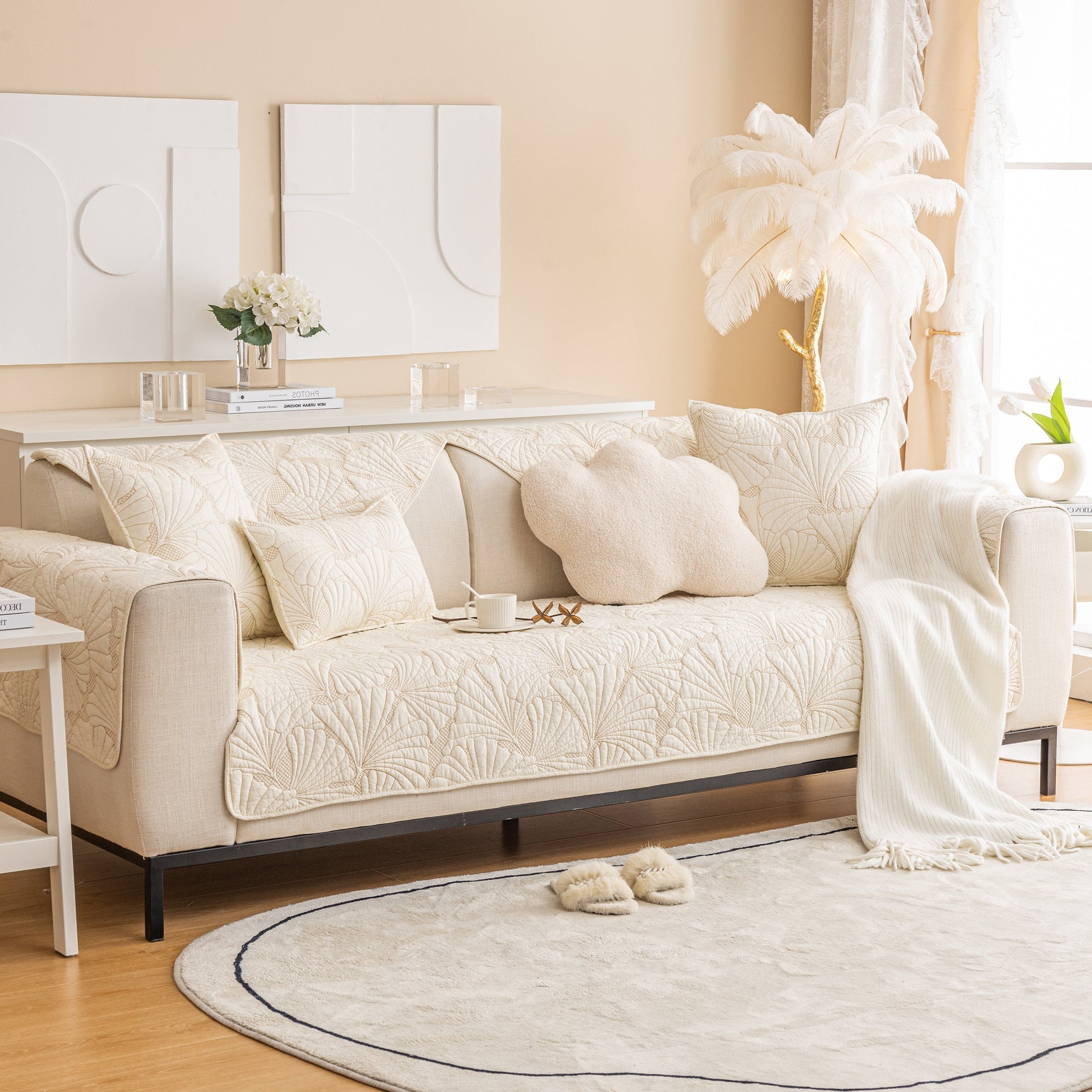 Embossed Leaf Cotton Quilted Sofa Cover Non-Slip Couch Protector with Thick Padding