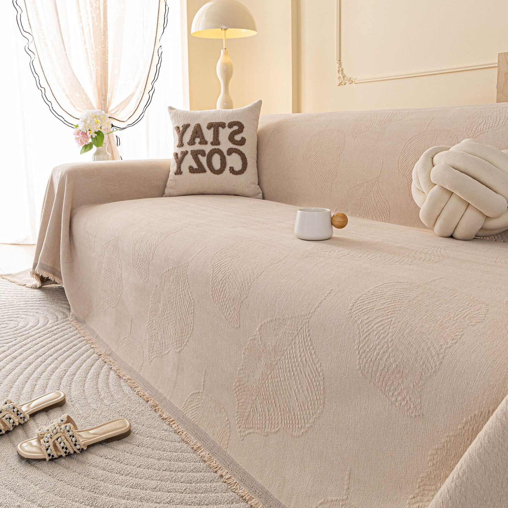Embossed Leaf Pattern Couch Cover Throw Blanket, Japandi Furniture Cover Protector - Ornate Home