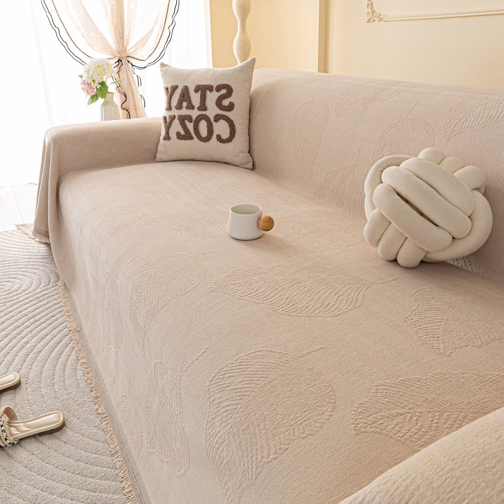Embossed Leaf Pattern Couch Cover Throw Blanket, Japandi Furniture Cover Protector - Ornate Home