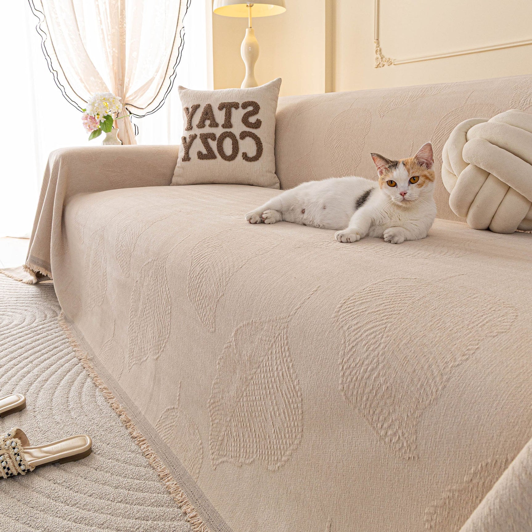 Embossed Leaf Pattern Couch Cover Throw Blanket, Japandi Furniture Cover Protector - Ornate Home