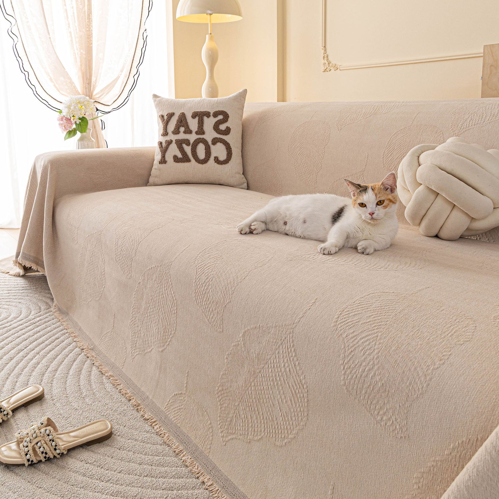 Embossed Leaf Pattern Couch Cover Throw Blanket, Japandi Furniture Cover Protector - Ornate Home