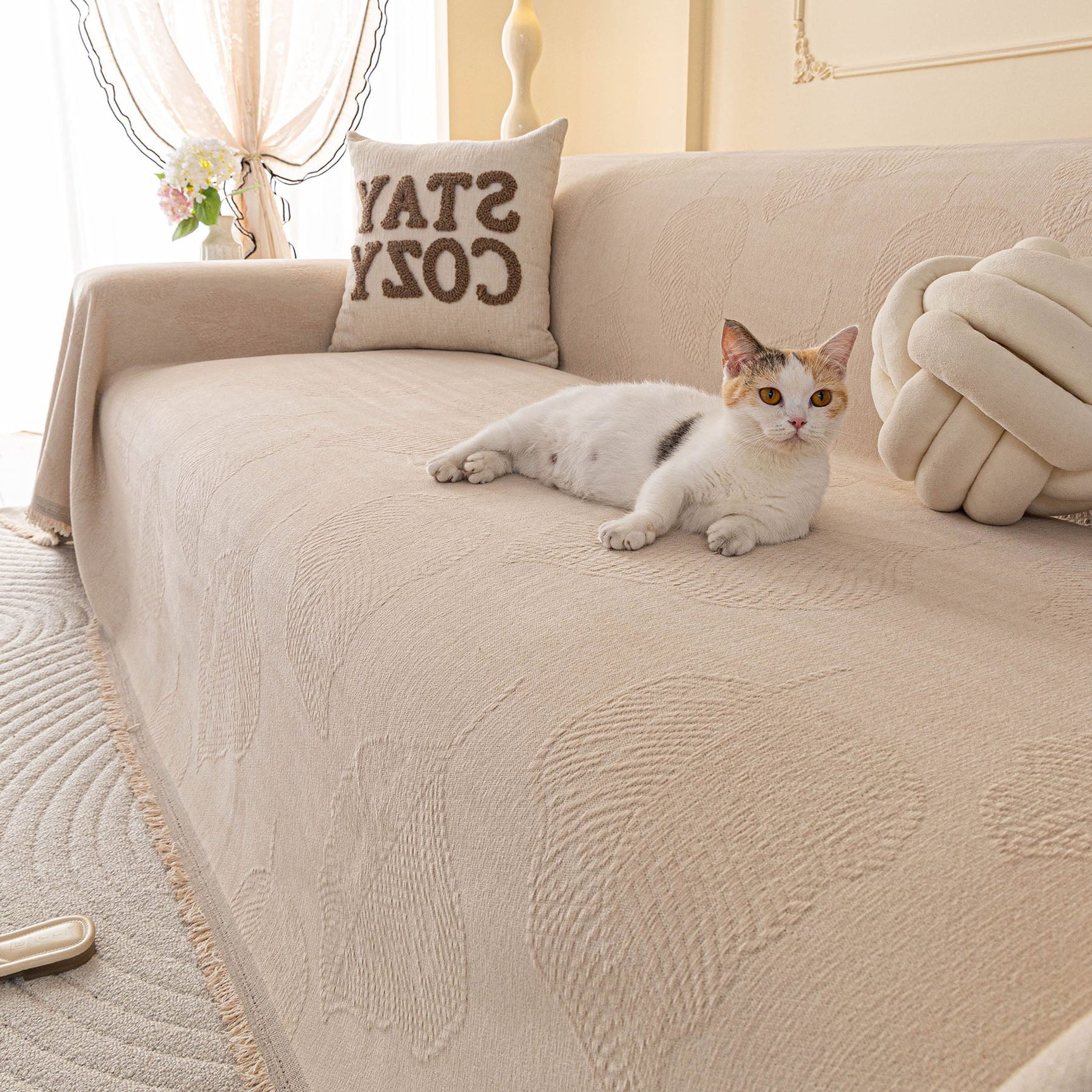 Embossed Leaf Pattern Couch Cover Throw Blanket, Japandi Furniture Cover Protector - Ornate Home