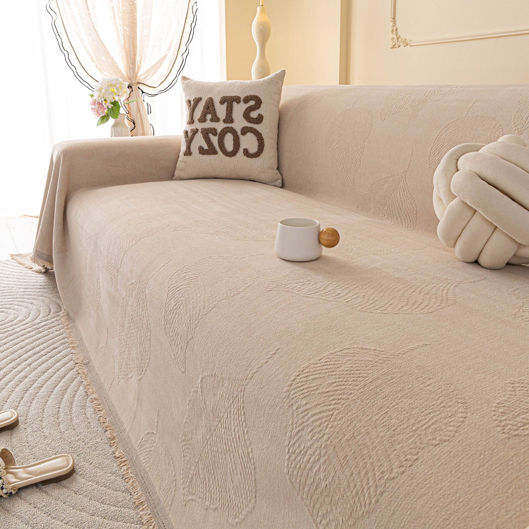 Embossed Leaf Pattern Couch Cover Throw Blanket, Japandi Furniture Cover Protector - Ornate Home