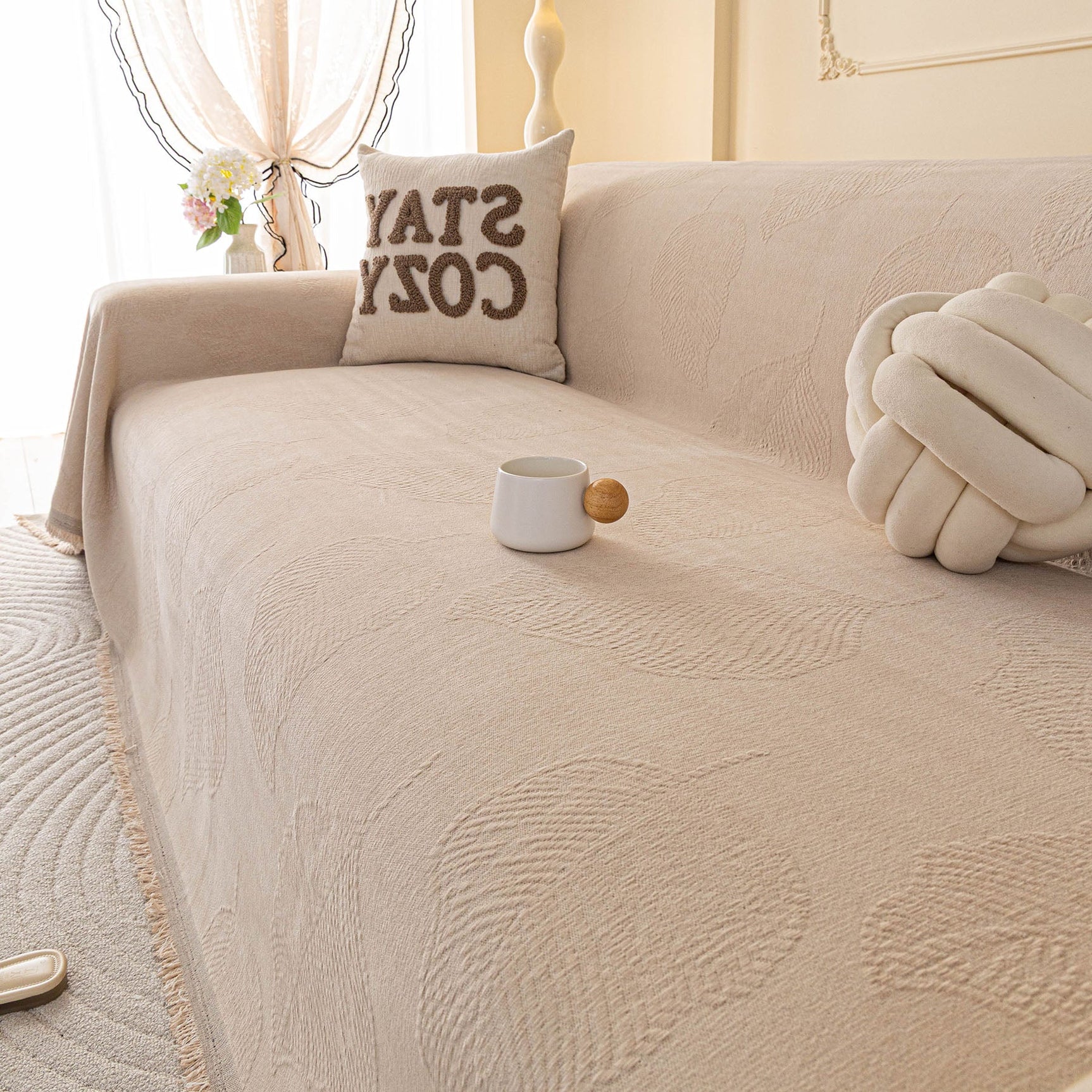 Embossed Leaf Pattern Couch Cover Throw Blanket, Japandi Furniture Cover Protector - Ornate Home