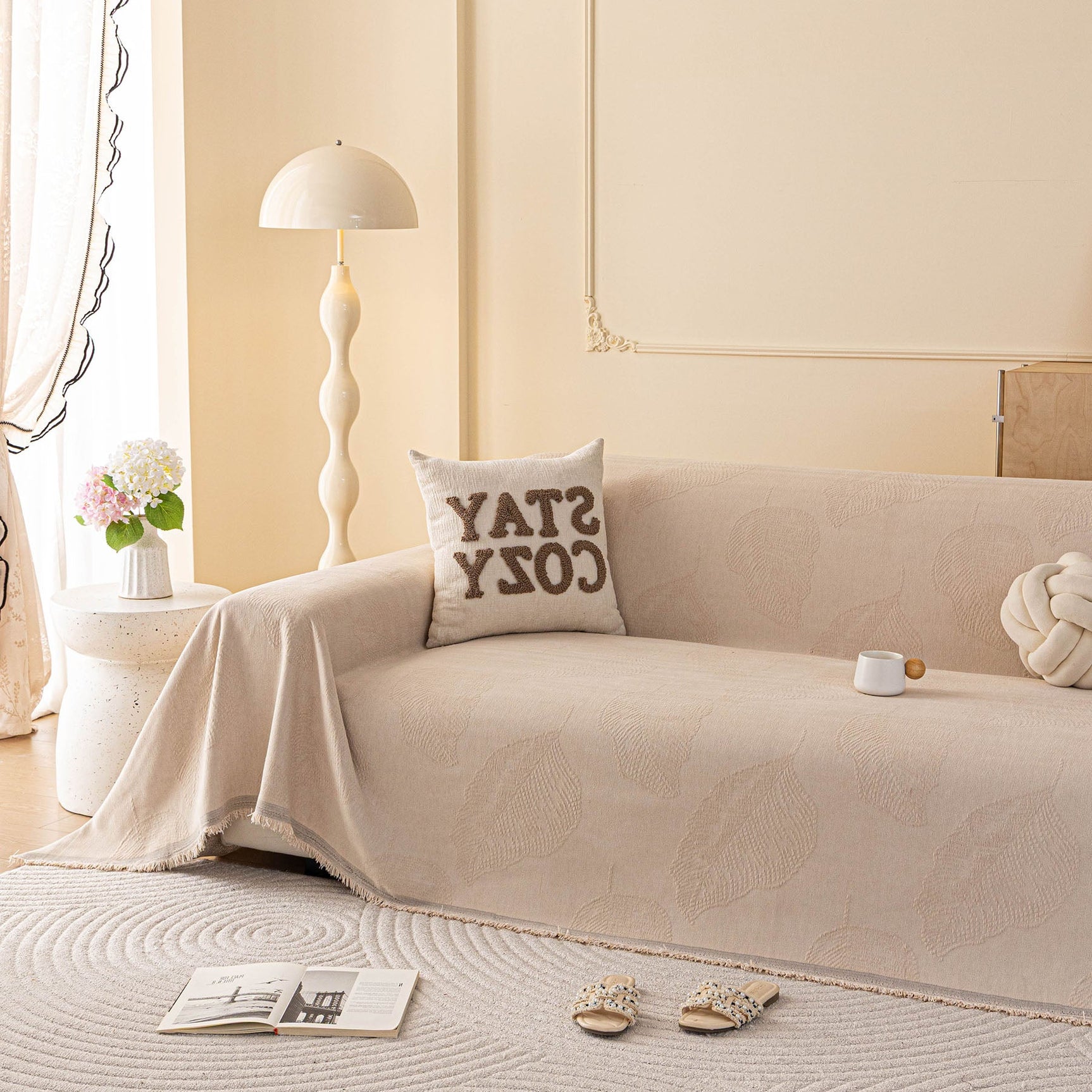 Embossed Leaf Pattern Couch Cover Throw Blanket, Japandi Furniture Cover Protector - Ornate Home