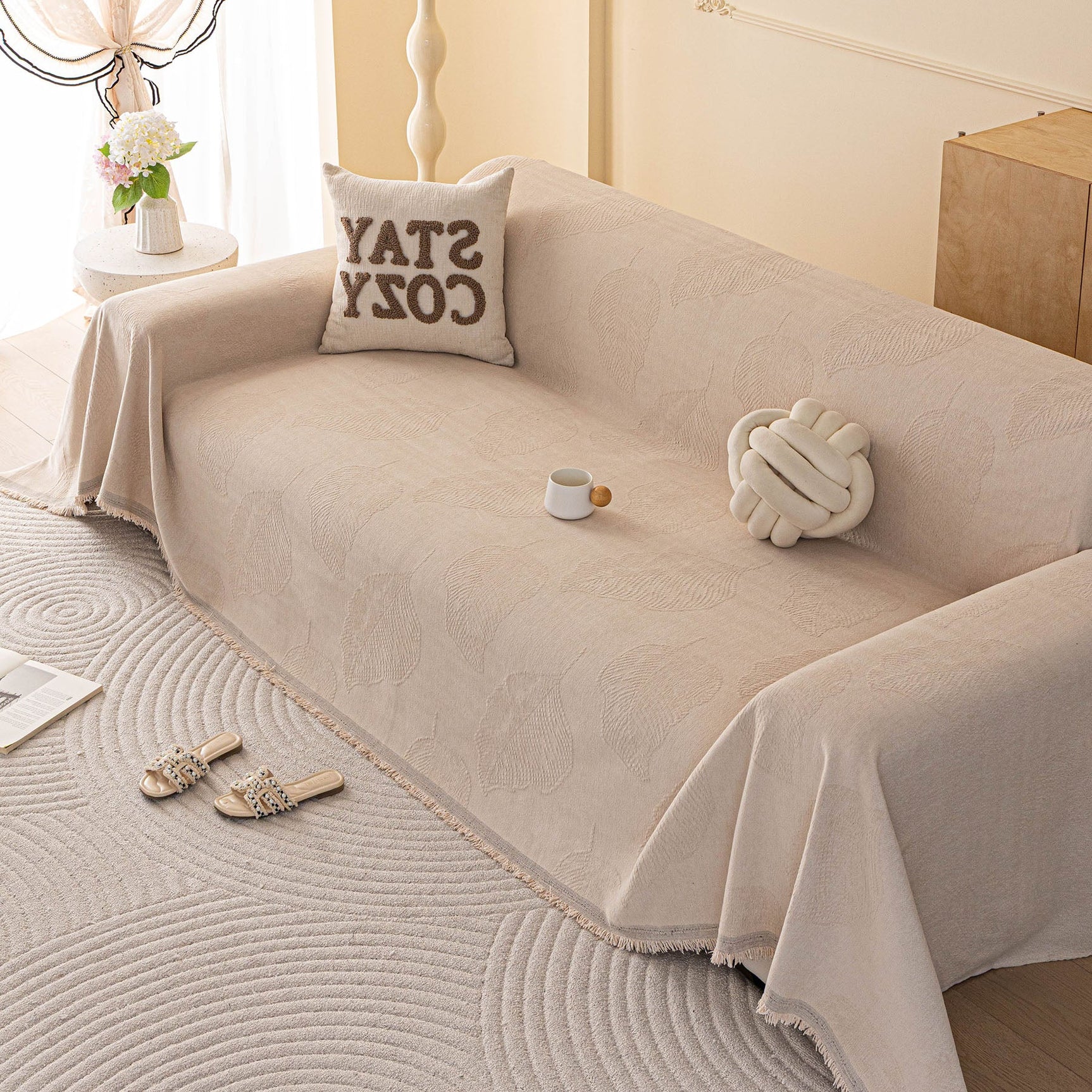 Embossed Leaf Pattern Couch Cover Throw Blanket, Japandi Furniture Cover Protector - Ornate Home