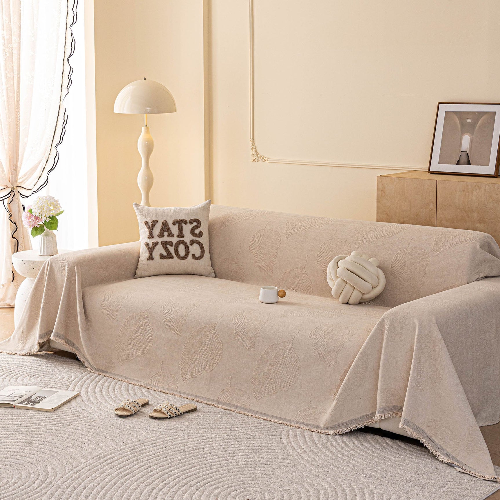 Embossed Leaf Pattern Couch Cover Throw Blanket, Japandi Furniture Cover Protector - Ornate Home