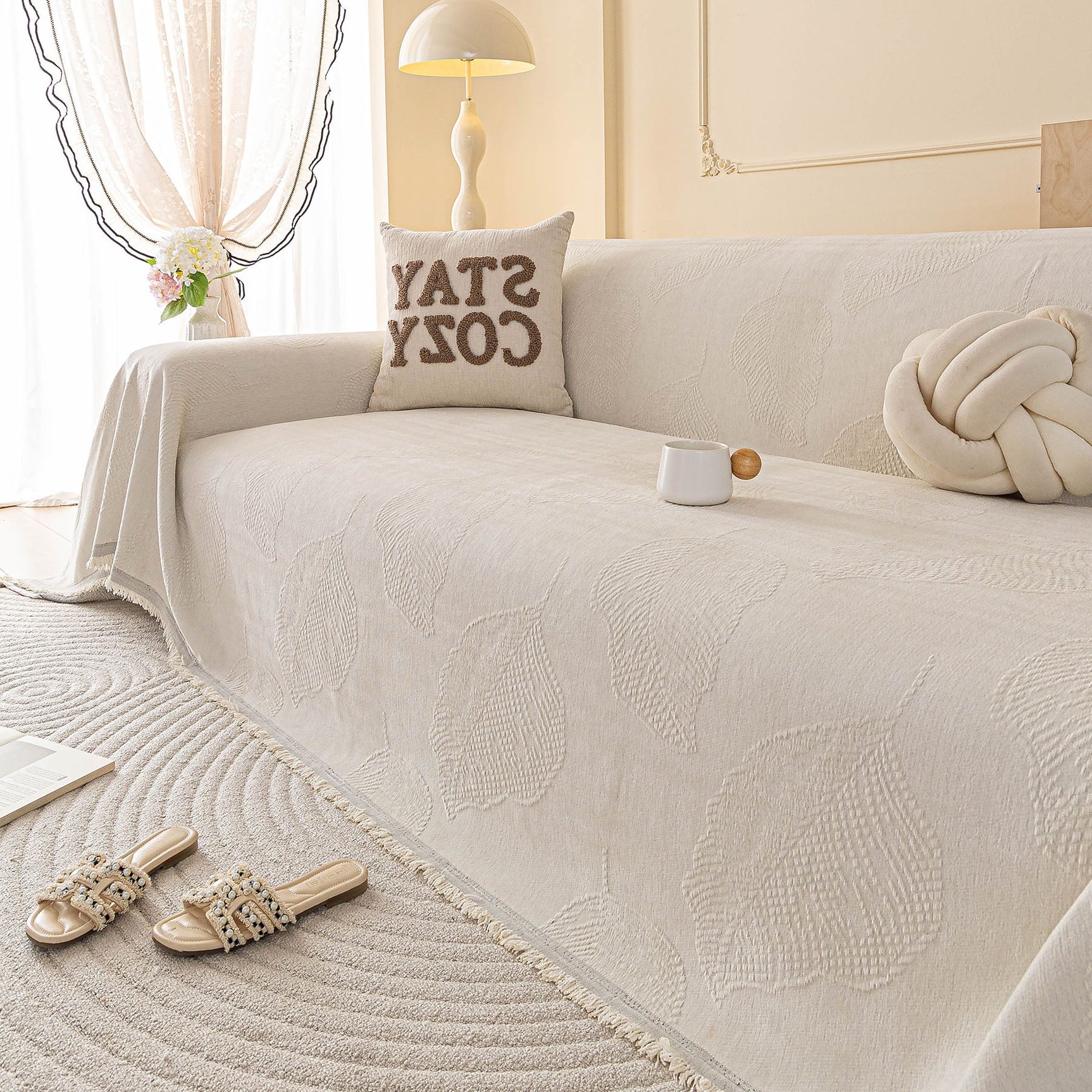 Embossed Leaf Pattern Couch Cover Throw Blanket, Japandi Furniture Cover Protector - Ornate Home