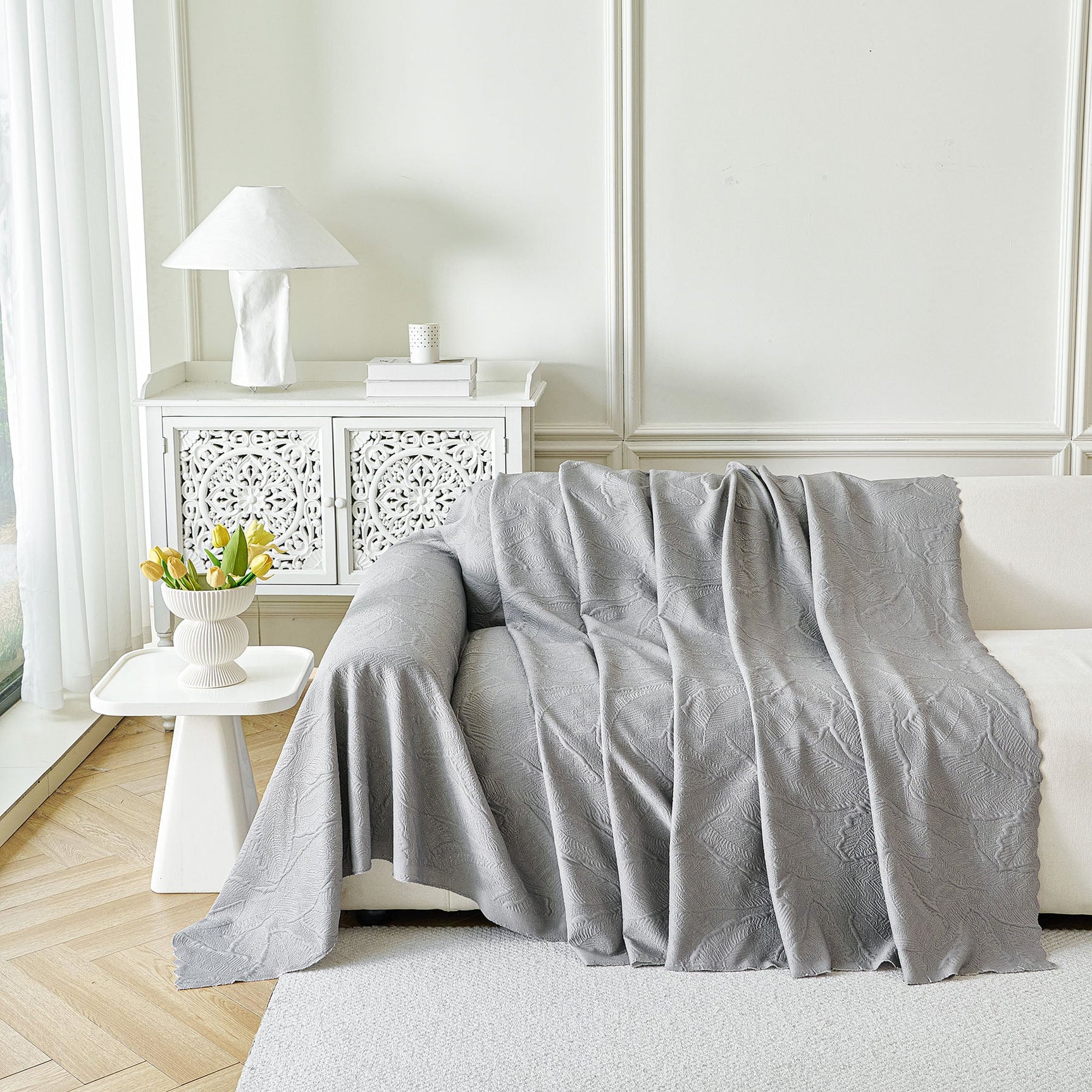 Embossed Leaf Pattern Sofa Cover Blanket for Couch, Soft Cooling Textured Couch Cover - Ornate Home