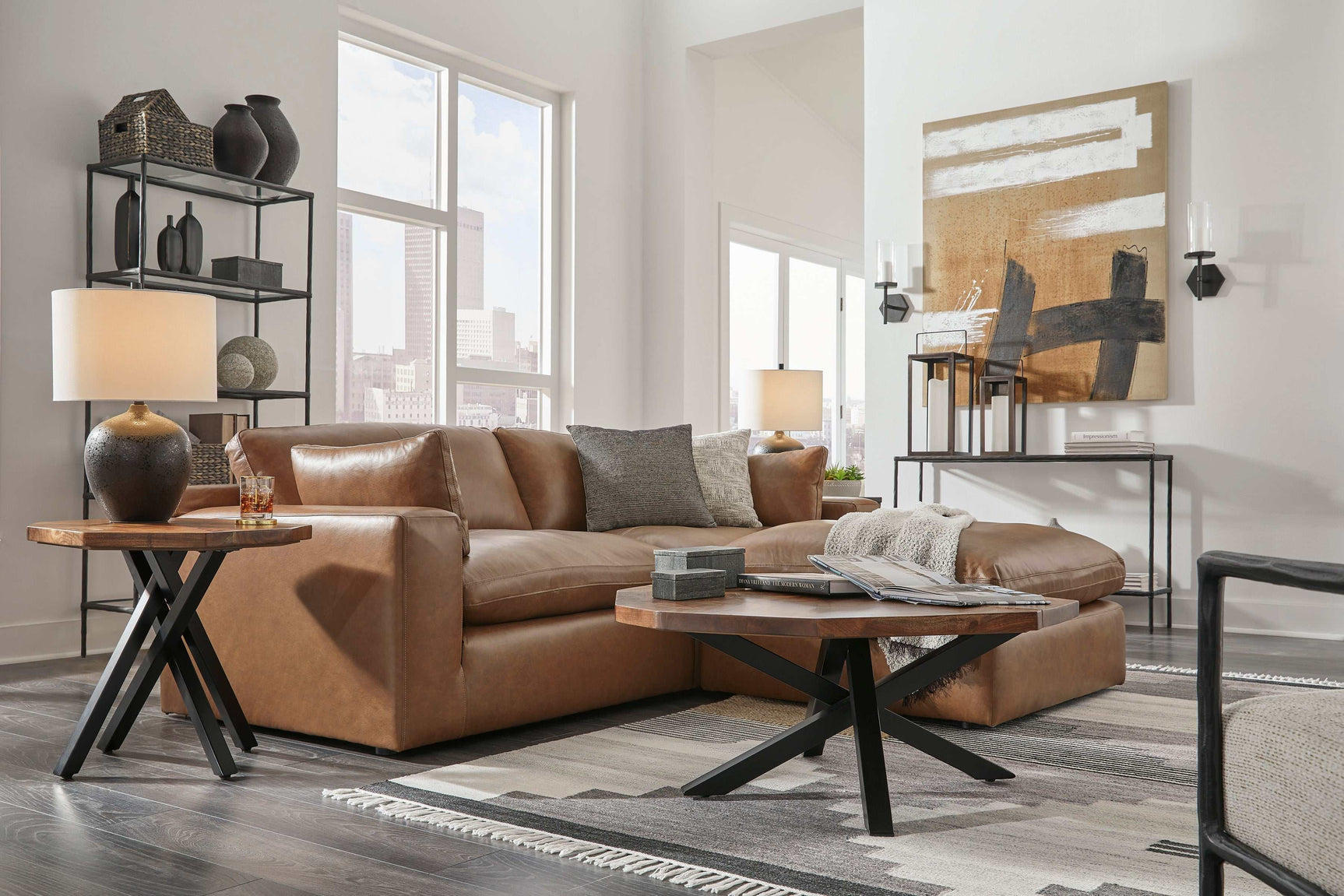 Emilia Caramel Leather 2pc Modular Sectional Loveseat (Online Special Price) - Ornate Home
