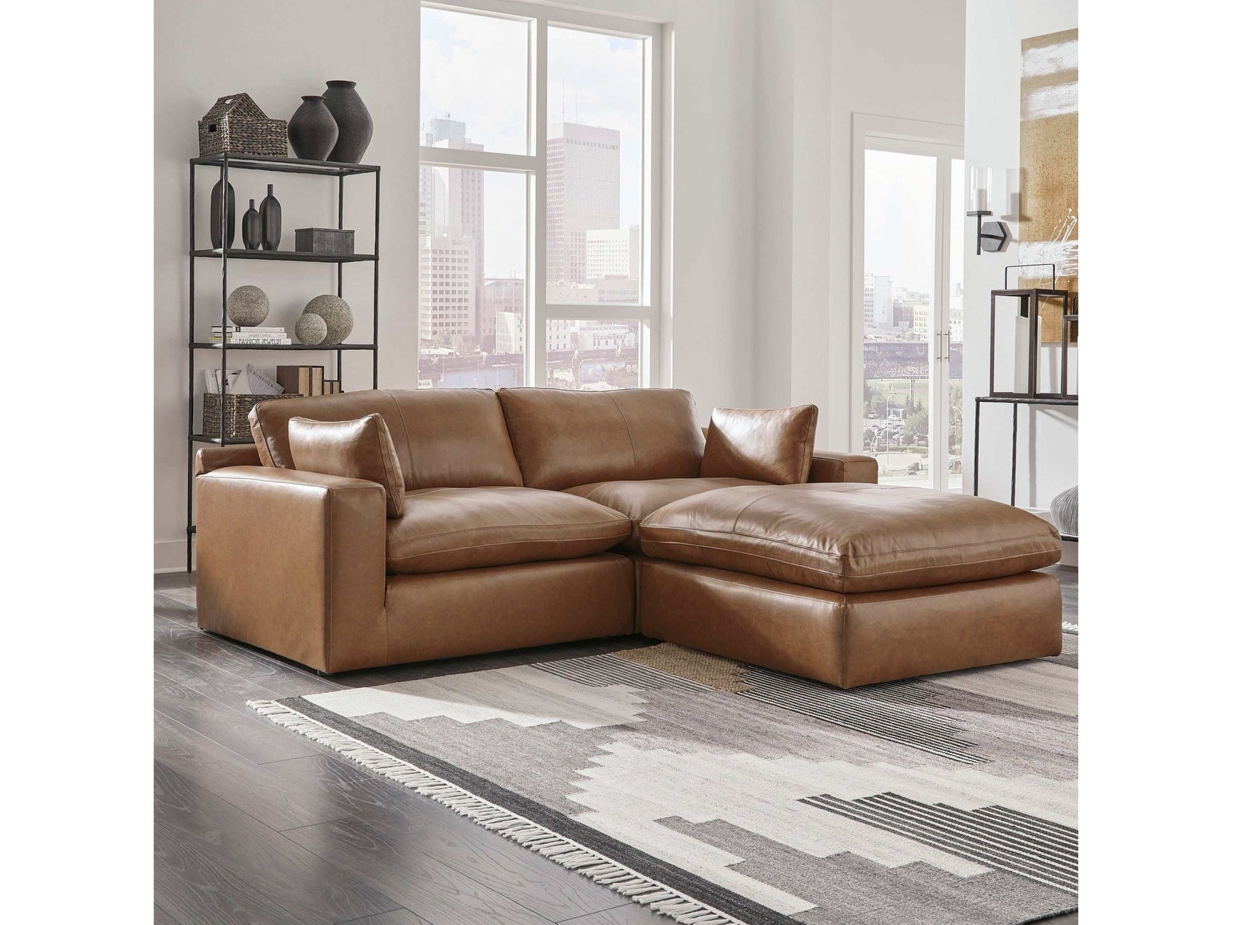 Emilia Caramel Leather 3pc Modular Sectional w/ Ottoman - Ornate Home