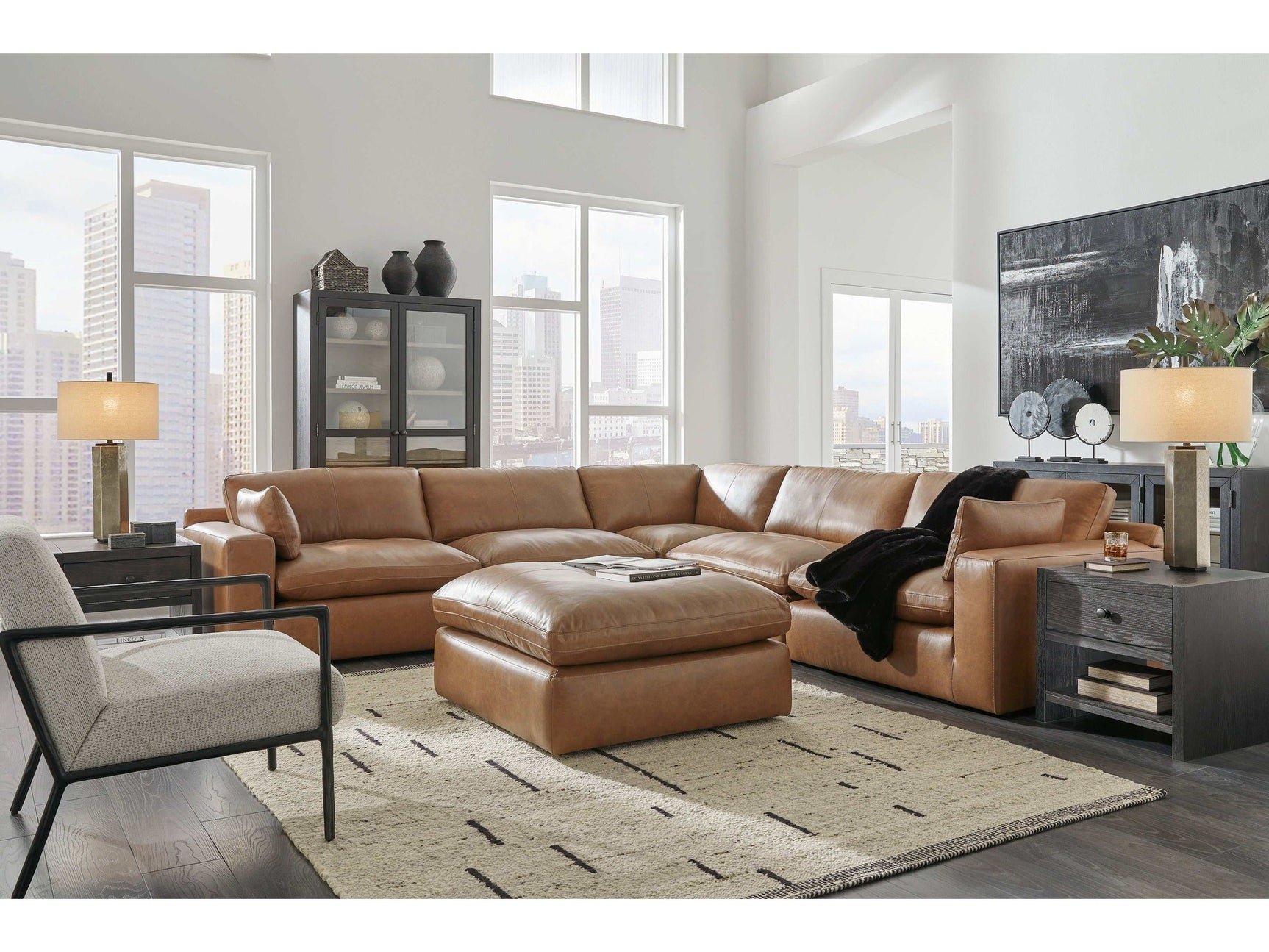 Emilia Caramel Leather 5pc Modular Sectional and Ottoman (Online Special Price) - Ornate Home